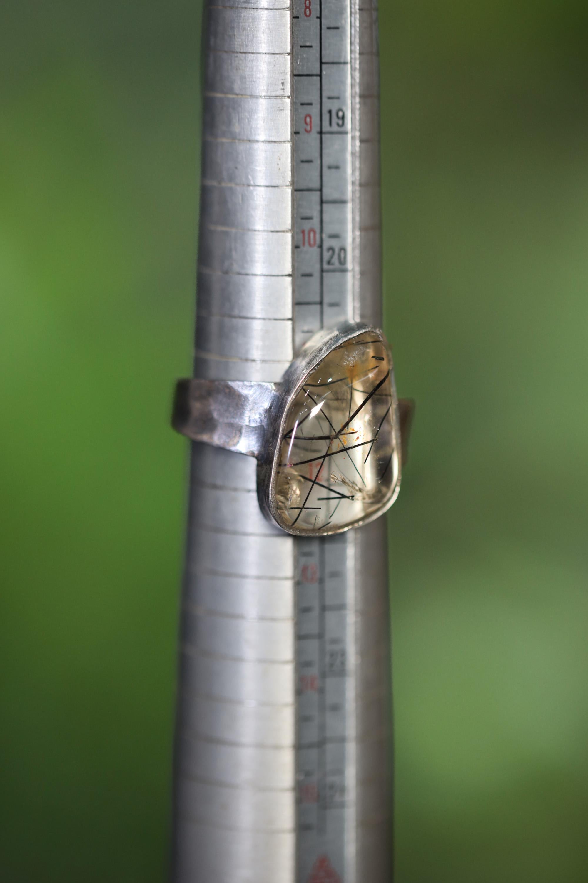 Men's Black Rutile Quartz Ring, Hammered Oxidized Sterling Silver, Size 12