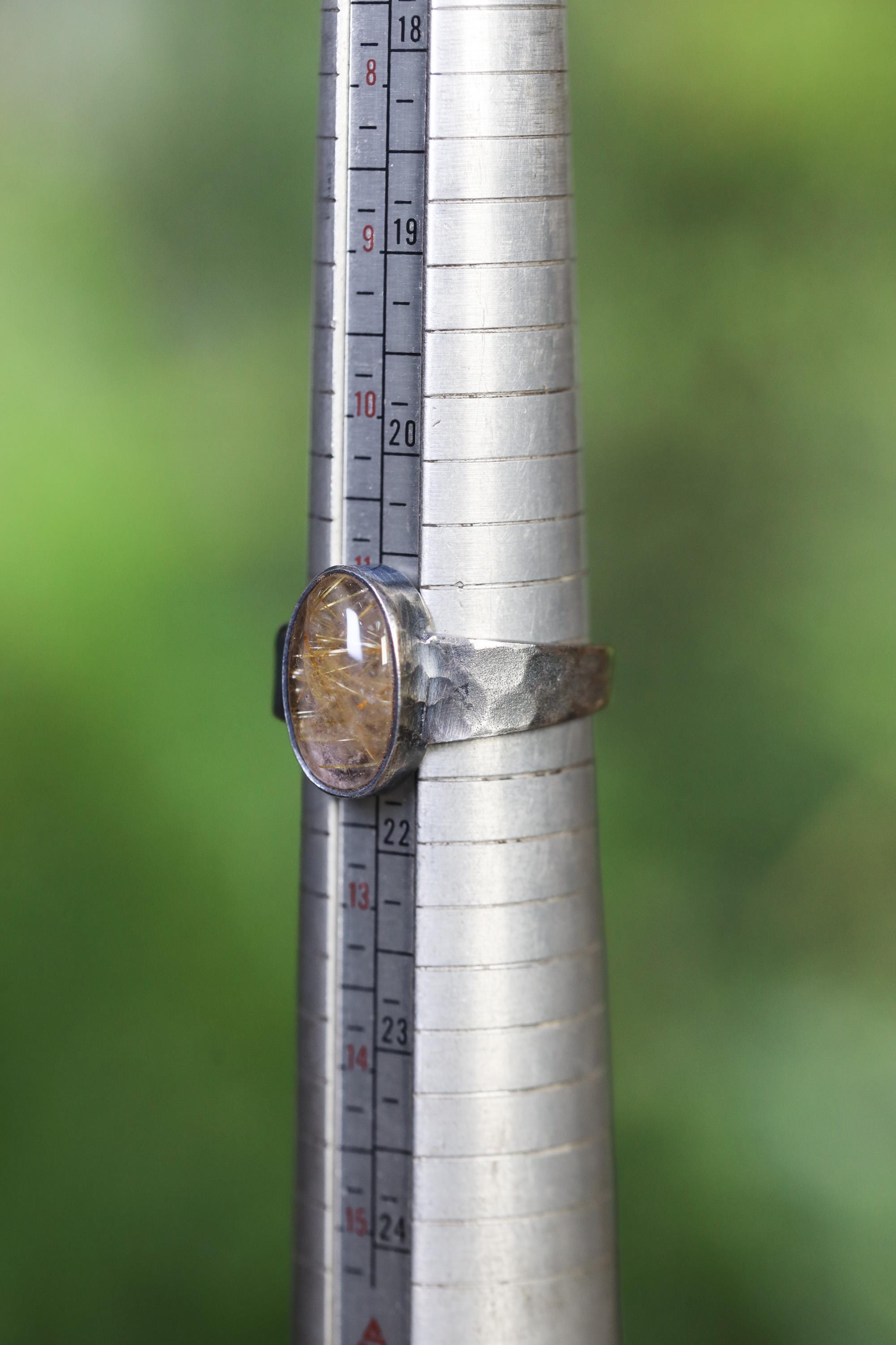 Gold Rutilated (Angle Hair) Clear Quartz Ring 925 Silver Oval Cabochon High Grade Stone Hammered Oxidised Band Solar Plexus Chakra Jewelry