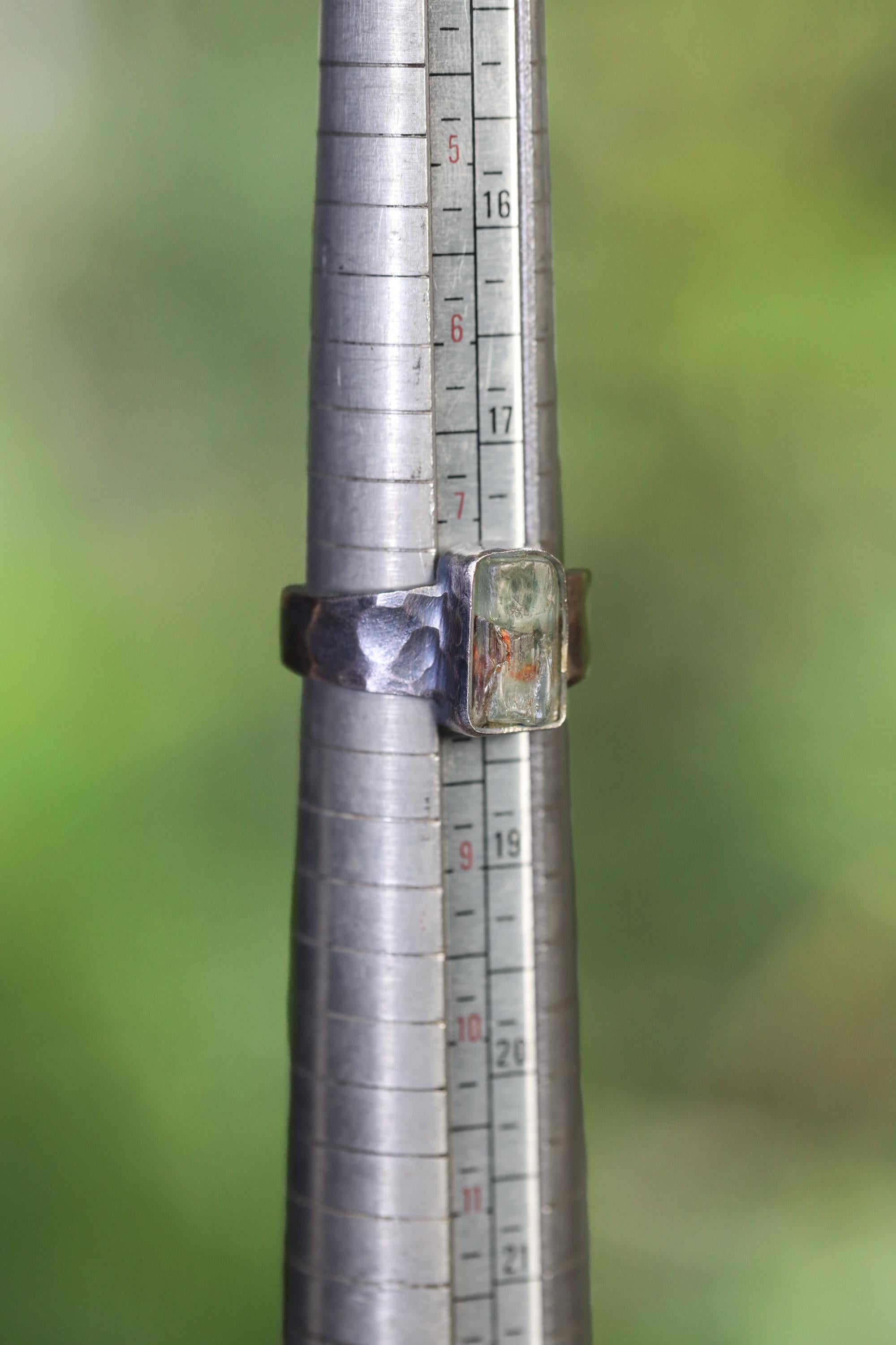 Australian Aquamarine Ring: Hammered Oxidized 925 Silver, Size 8