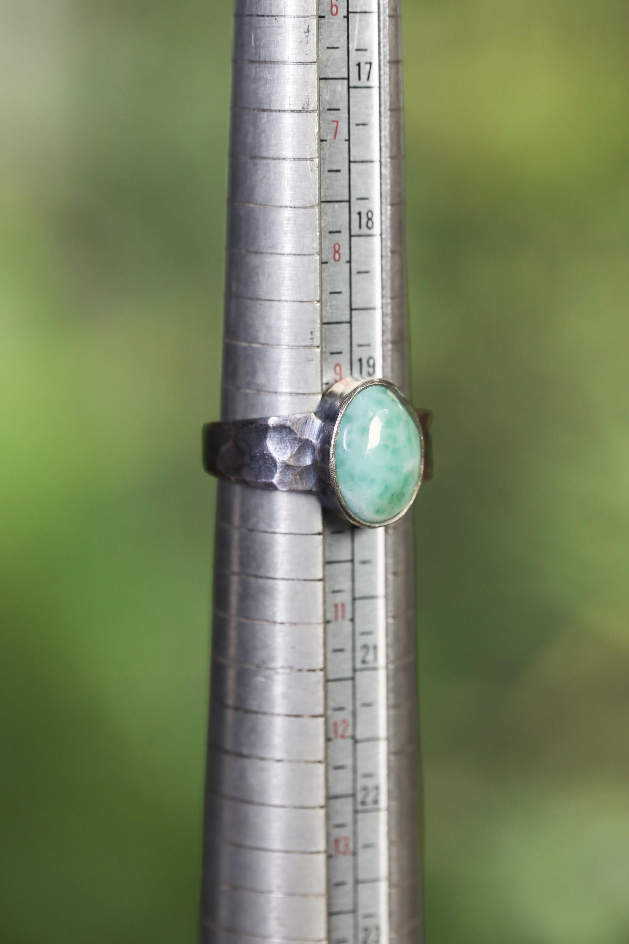 Larimar Cabochon Ring: Hammered 925 Silver Band, Size 10