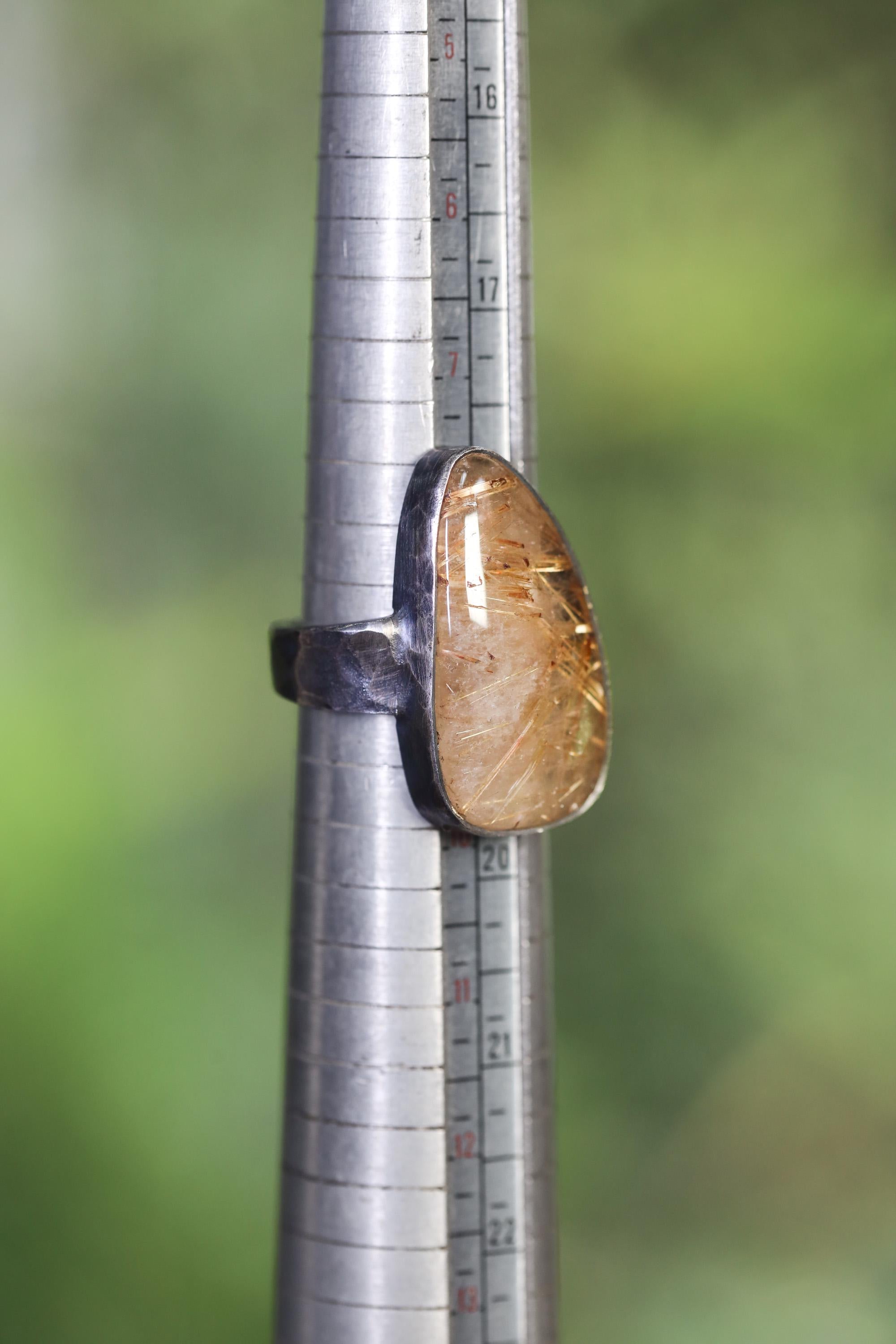 Golden Rutile Quartz 925 Silver Ring, Hammered Oxidized Setting, Men's Size 9