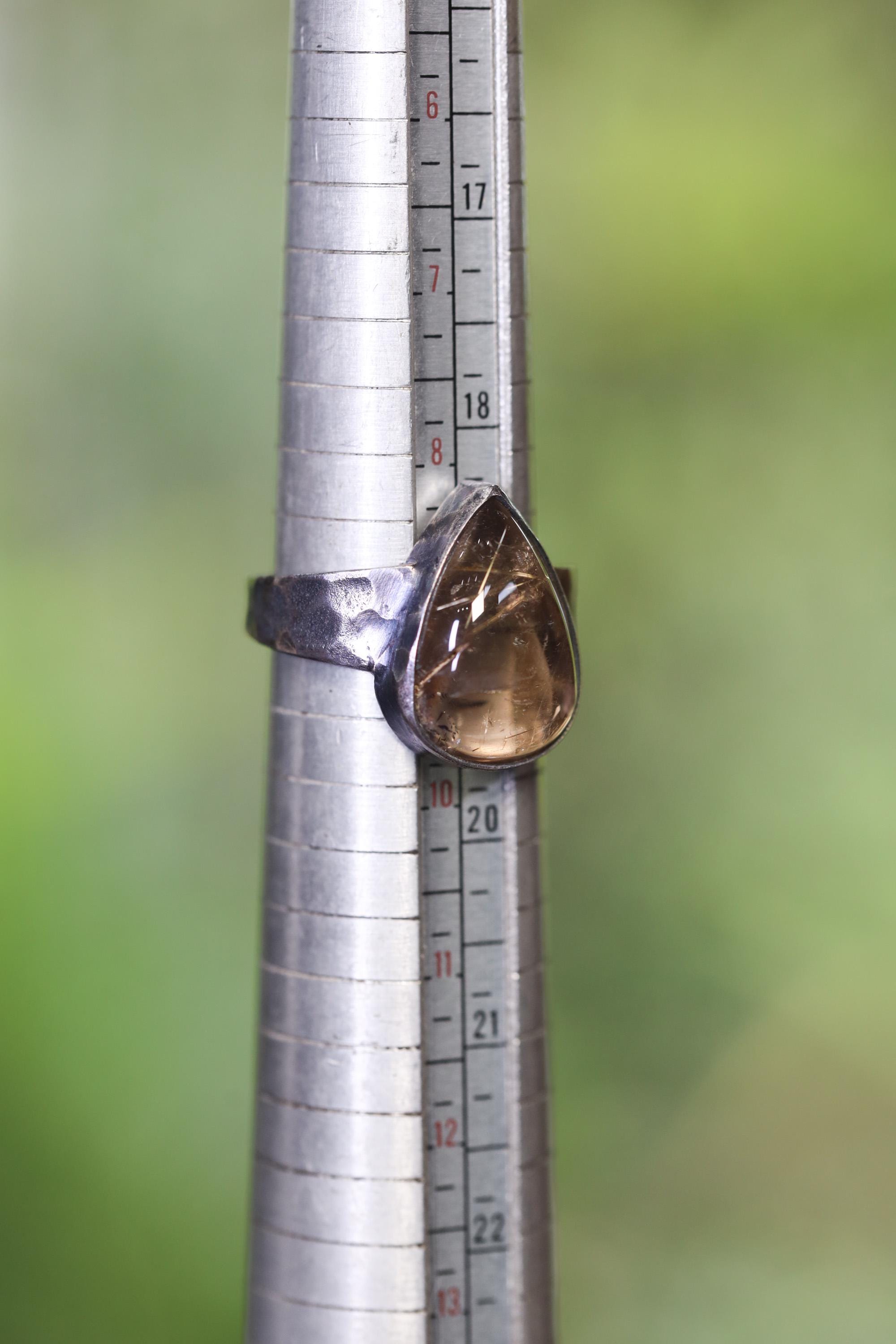 Smoky Quartz Rutile Teardrop Ring, Hammered Oxidized 925 Silver, Size 9