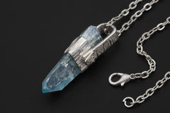Tabular Rainbow Inclusion Aqua Aura Quartz Point Pendant, 925 Silver, Textured Bark Finish, Chakra Jewelry, Healing Quartz Energy Gift