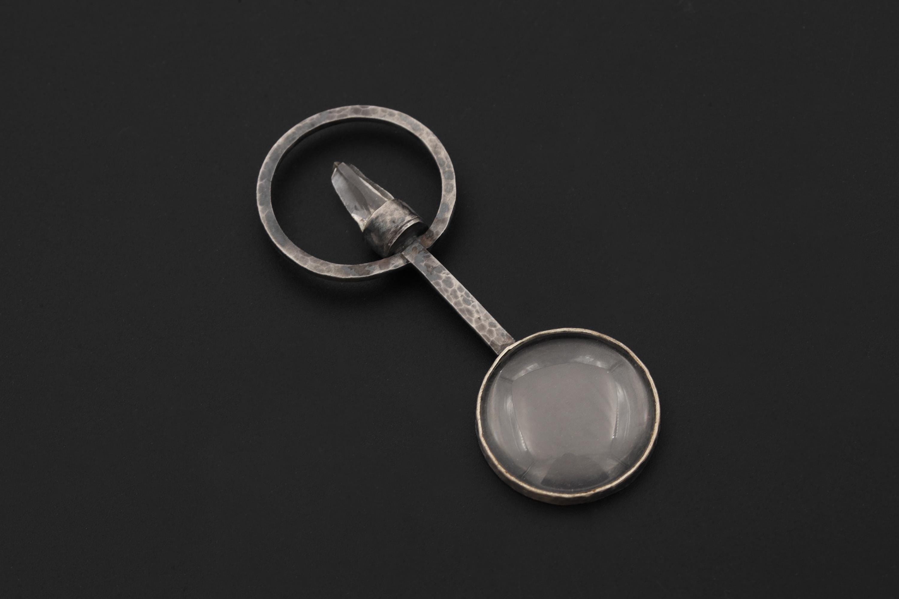 Himalayan Lemurian Laser Quartz Pendant, 925 Silver Functional Jewelry, 5x Magnifying Glass Fire Starter, Hammered Oxidized Silver