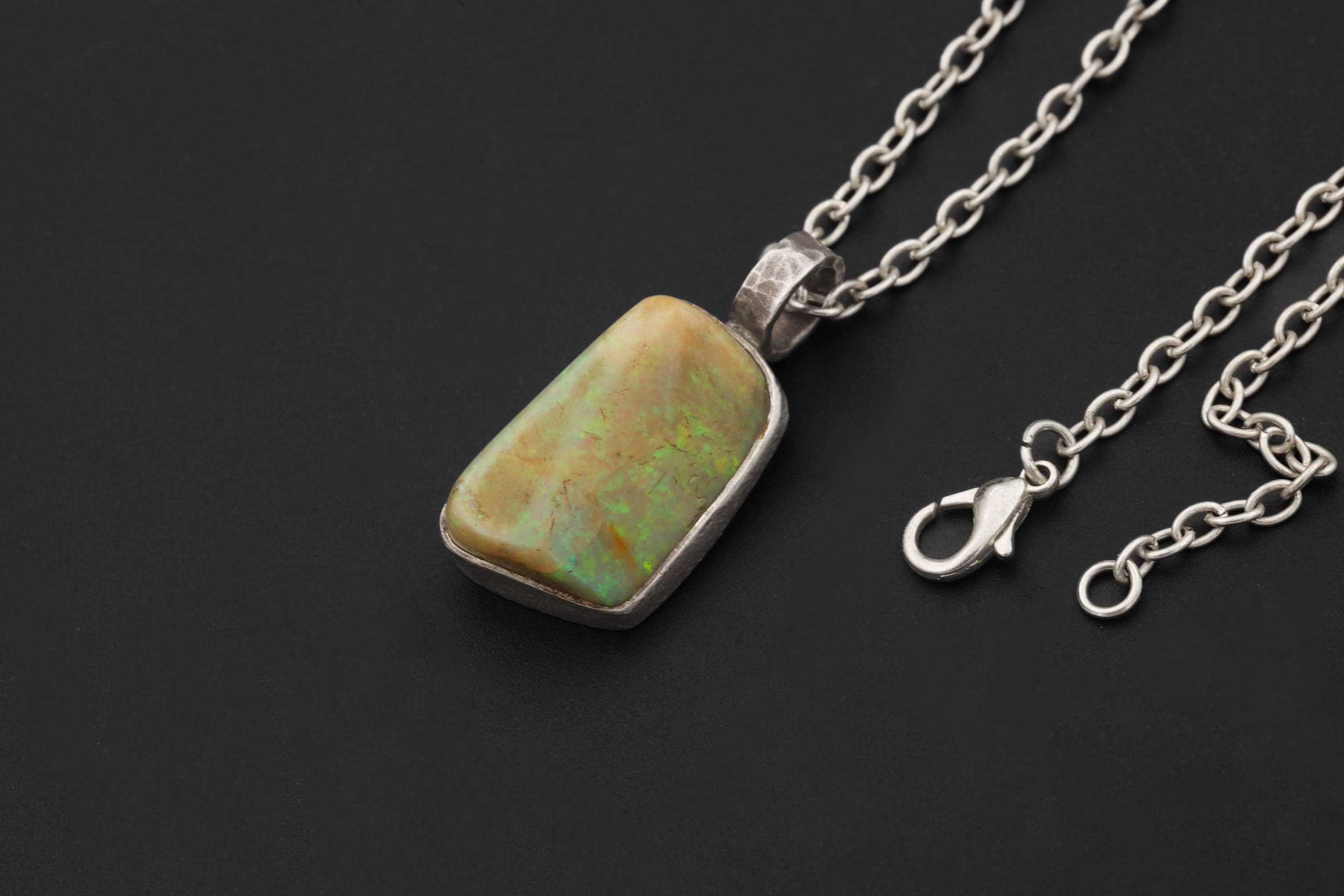 Solid Lightning Ridge White Fiery Gem Opal Pendant, 925 Silver, Hammered Round Bail, Organic Bezel Texture, 22ct Australian Opal Jewelry