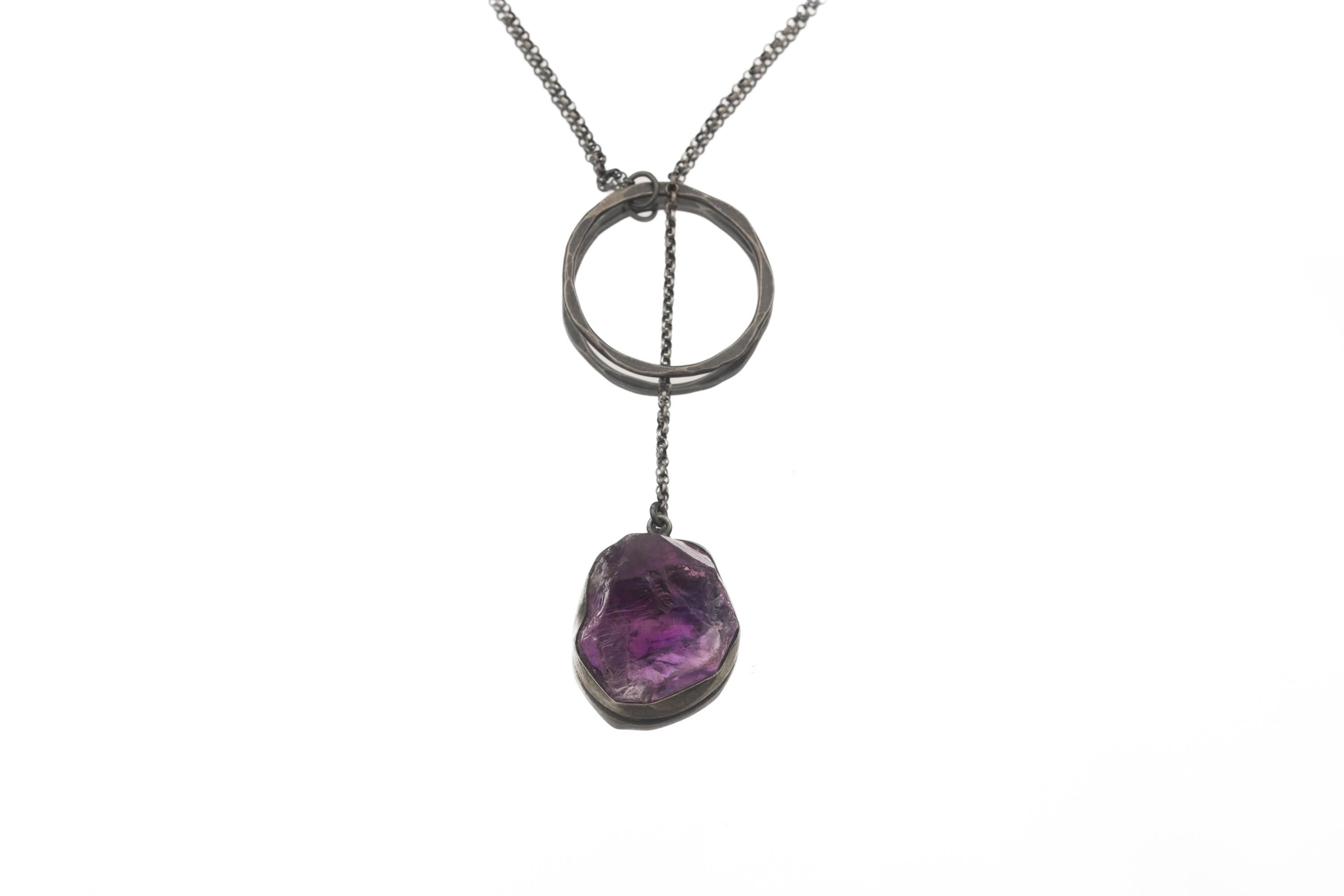 Amethyst Noose Necklace, 925 Oxidized Silver, Raw Crystal Pendant, Unique Loop Chain, Brushed Texture, Modern Spiritual Jewelry