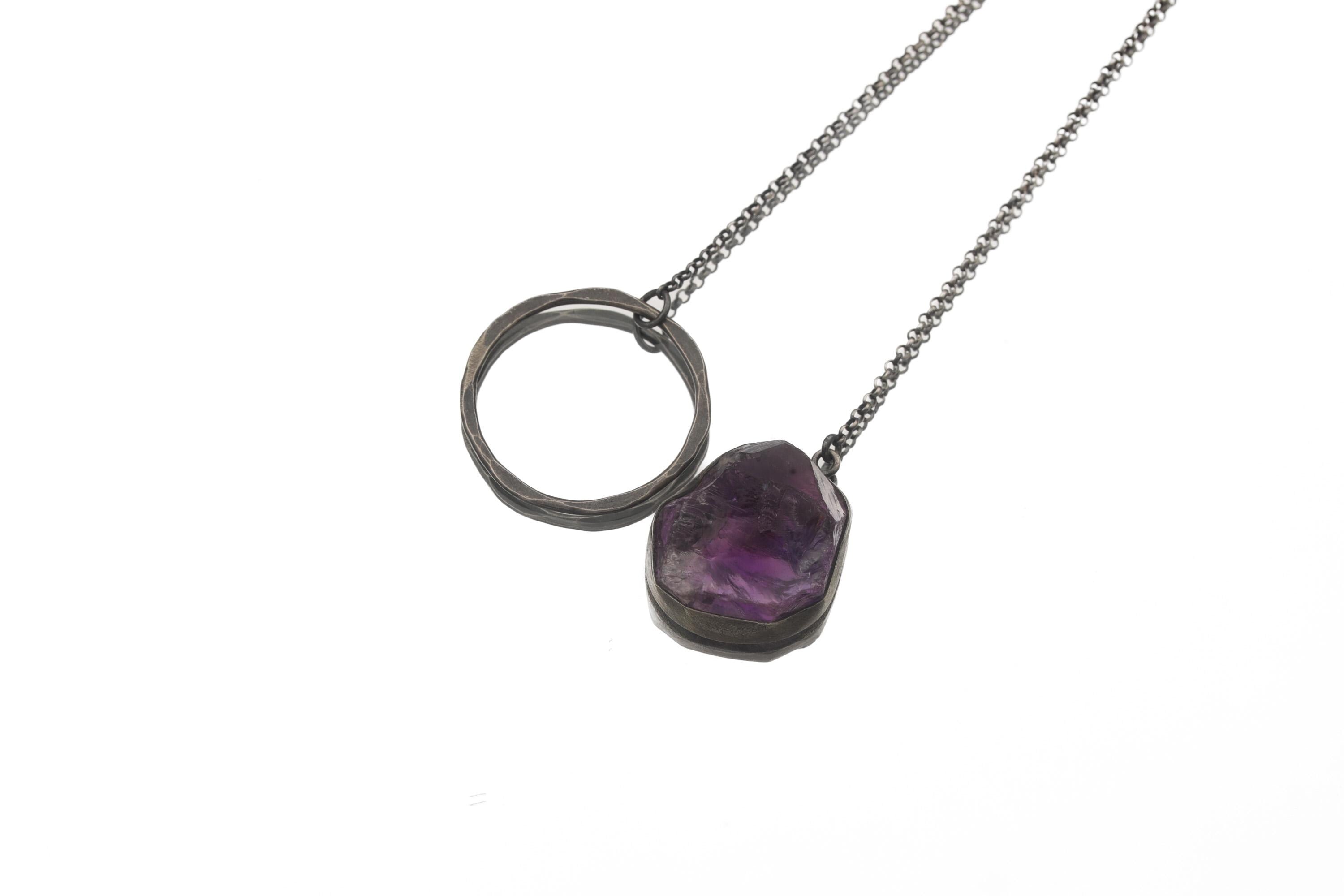 Amethyst Noose Necklace, 925 Oxidized Silver, Raw Crystal Pendant, Unique Loop Chain, Brushed Texture, Modern Spiritual Jewelry