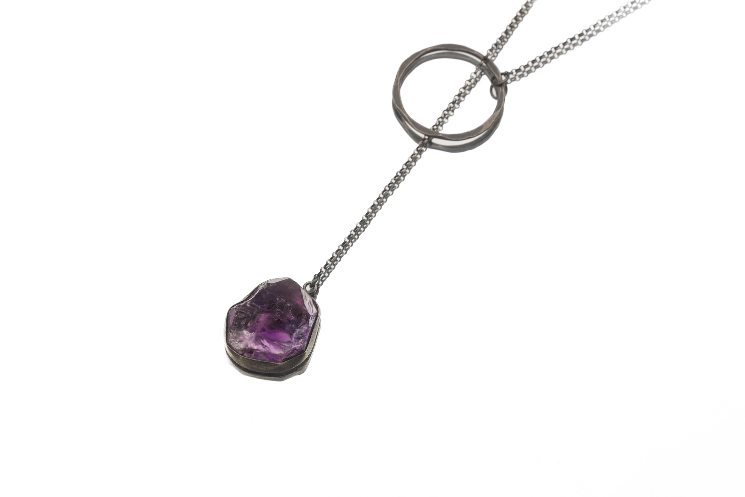 Amethyst Noose Necklace, 925 Oxidized Silver, Raw Crystal Pendant, Unique Loop Chain, Brushed Texture, Modern Spiritual Jewelry