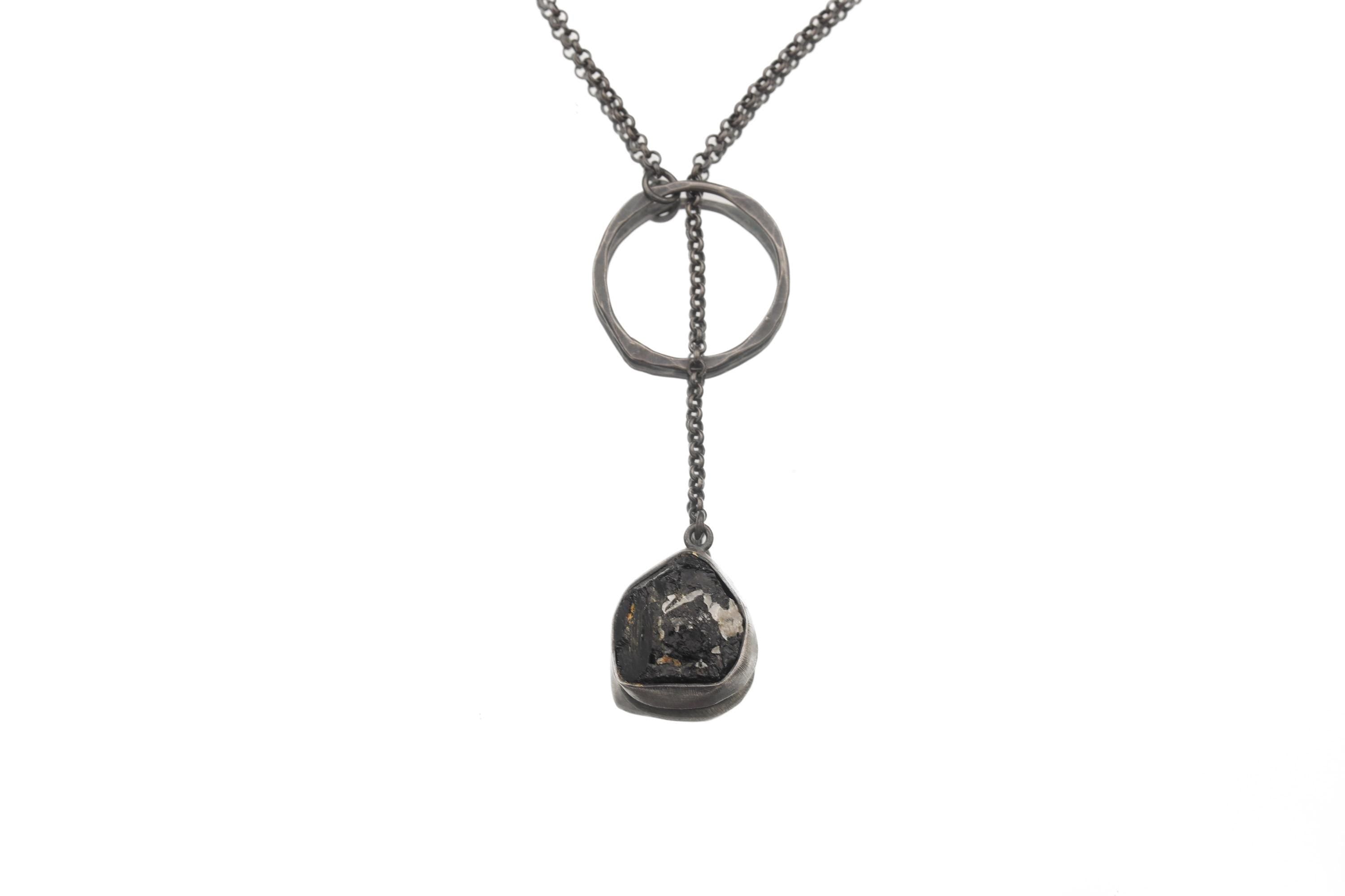 Raw Black Tourmaline Pendant Necklace, Oxidized 925 Silver, Adjustable Amulet