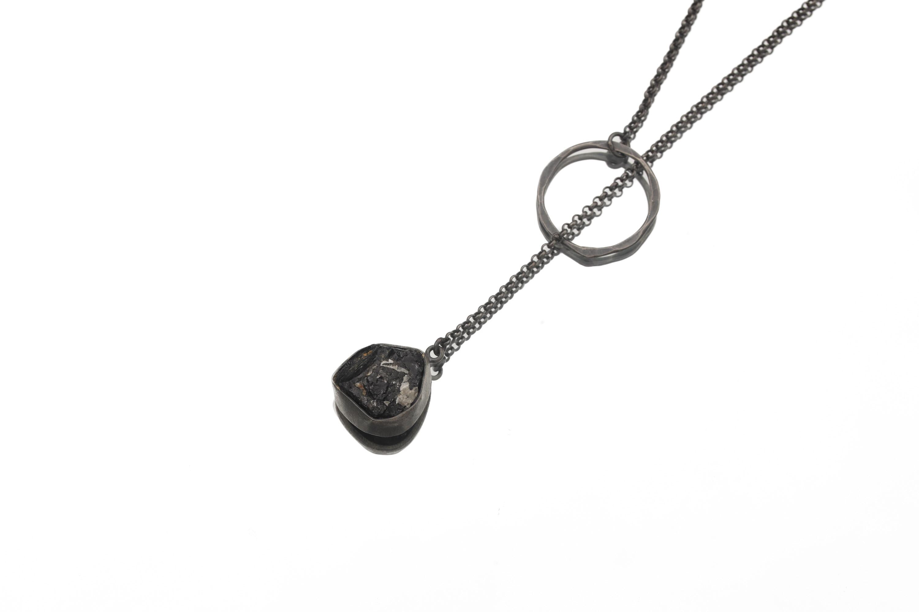 Black Tourmaline Noose Necklace, 925 Oxidized Silver, Raw Crystal Pendant, Adjustable Loop Chain, Brushed Finish, Grounding Amulet Jewelry