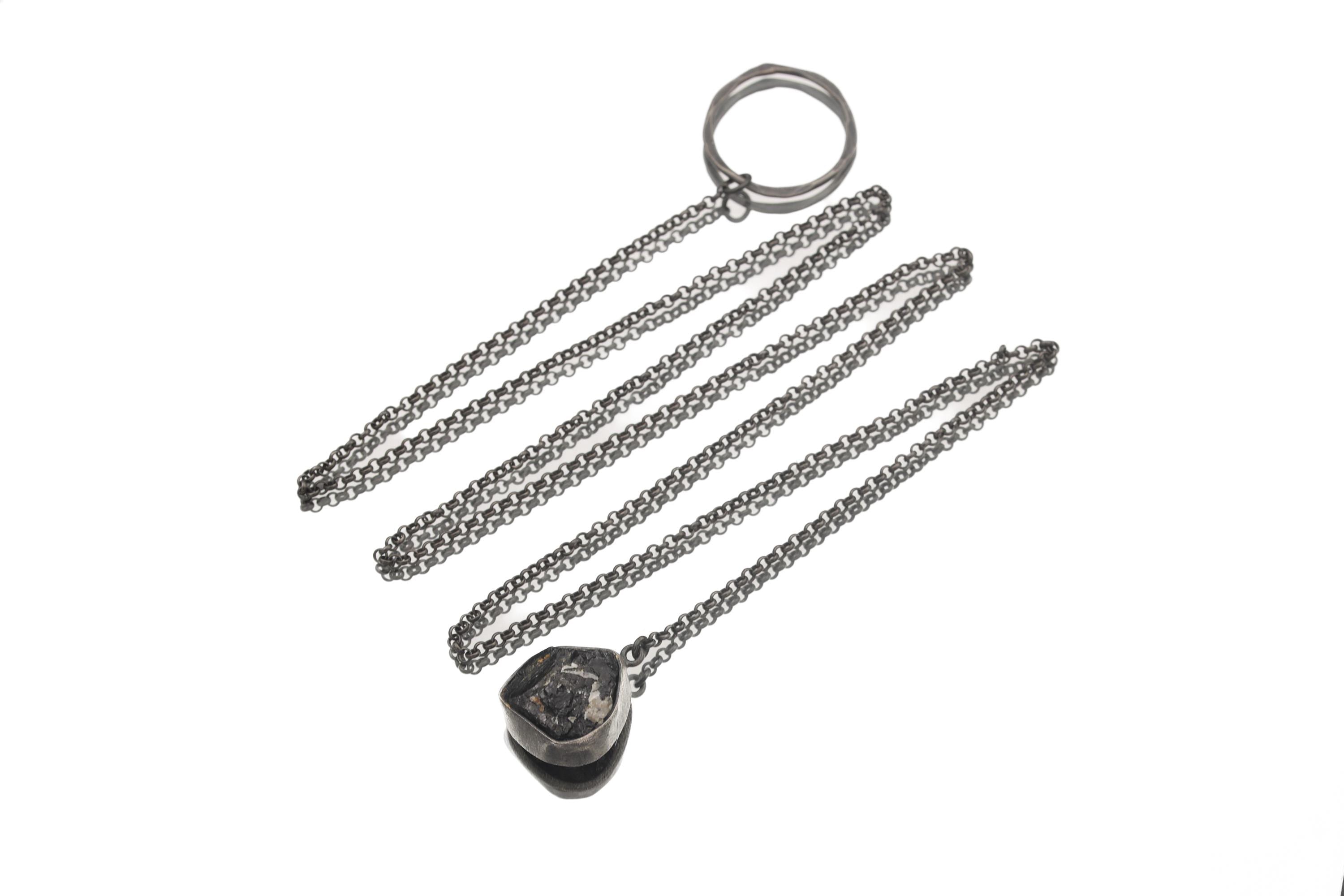 Black Tourmaline Noose Necklace, 925 Oxidized Silver, Raw Crystal Pendant, Adjustable Loop Chain, Brushed Finish, Grounding Amulet Jewelry