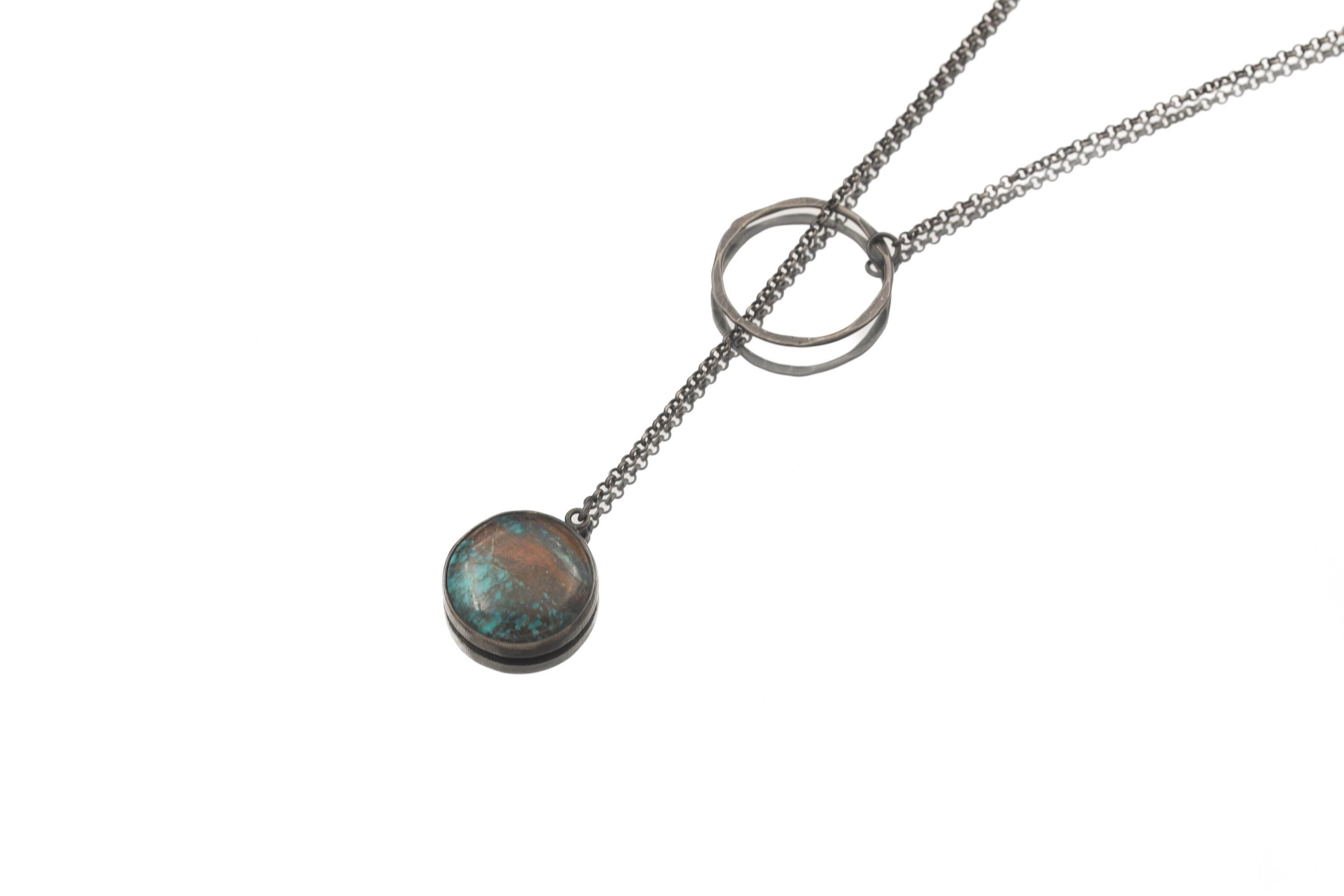 Turquoise Noose Necklace, 925 Oxidized Silver, Round Gem Pendant, Adjustable Loop Chain, Brushed Finish, Boho Spiritual Jewelry