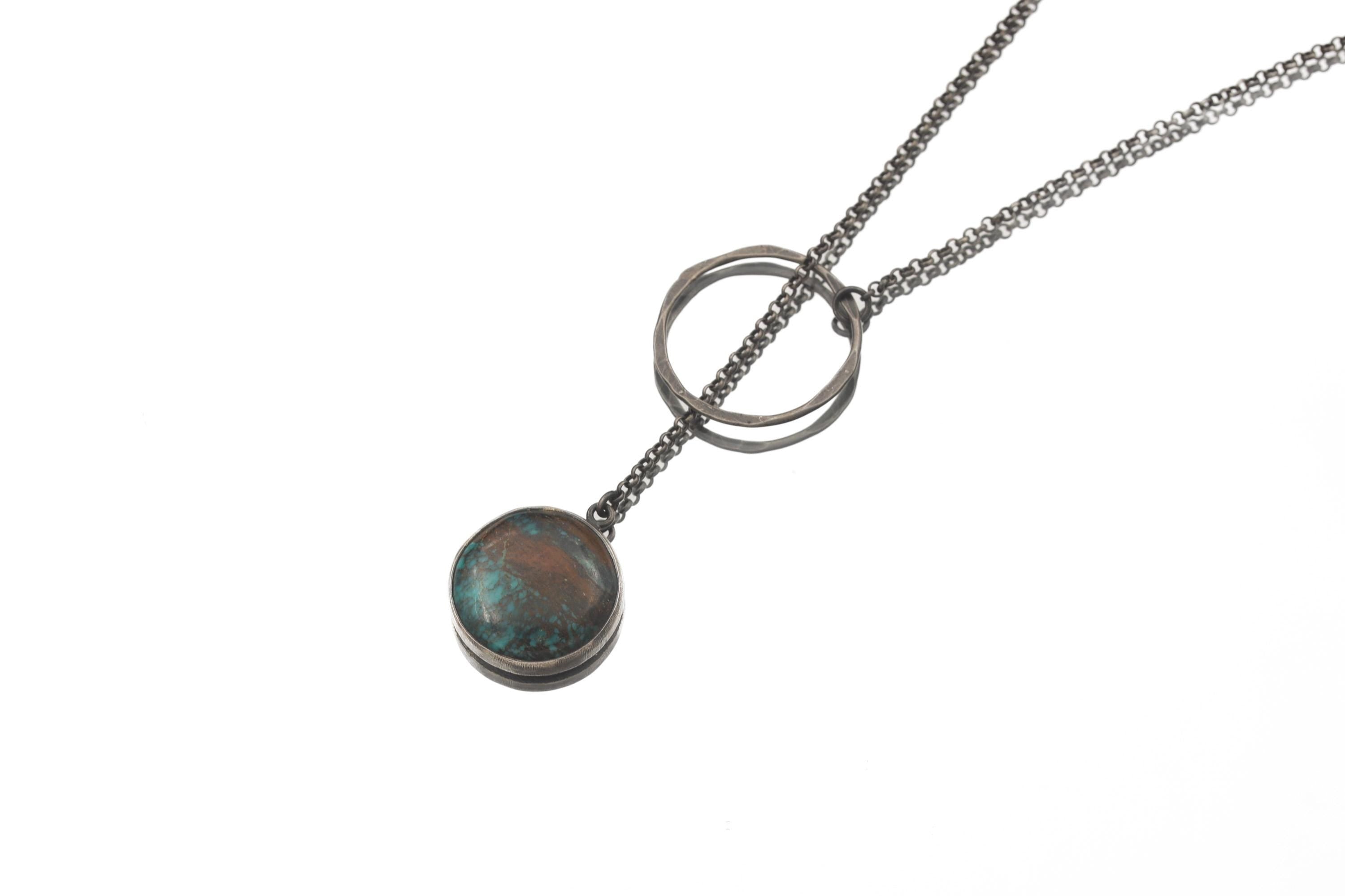 Turquoise Pendant Necklace, Oxidized 925 Silver, Adjustable Boho Jewelry