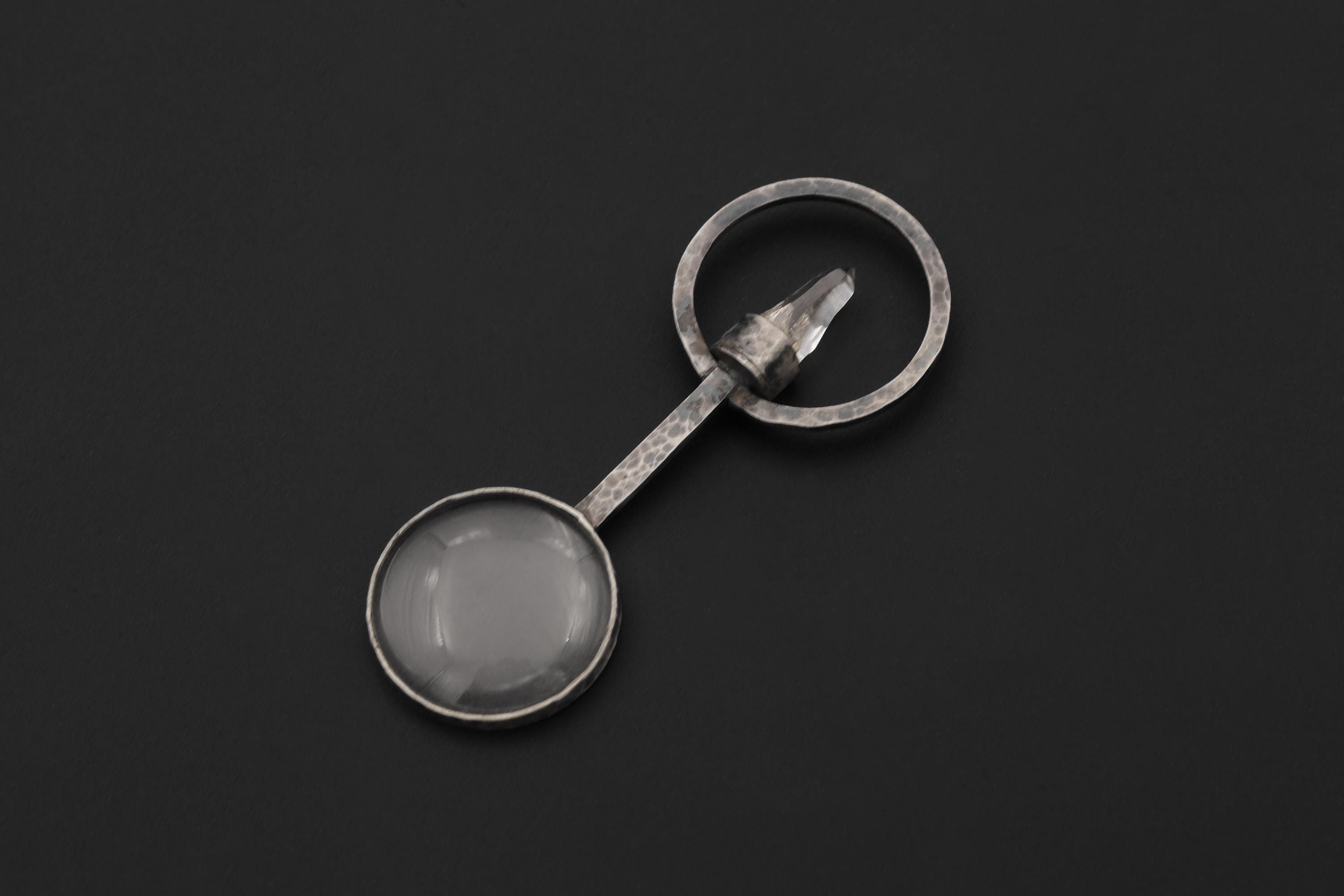 Himalayan Lemurian Laser Quartz Pendant, 925 Silver Functional Jewelry, 5x Magnifying Glass Fire Starter, Hammered Oxidized Silver