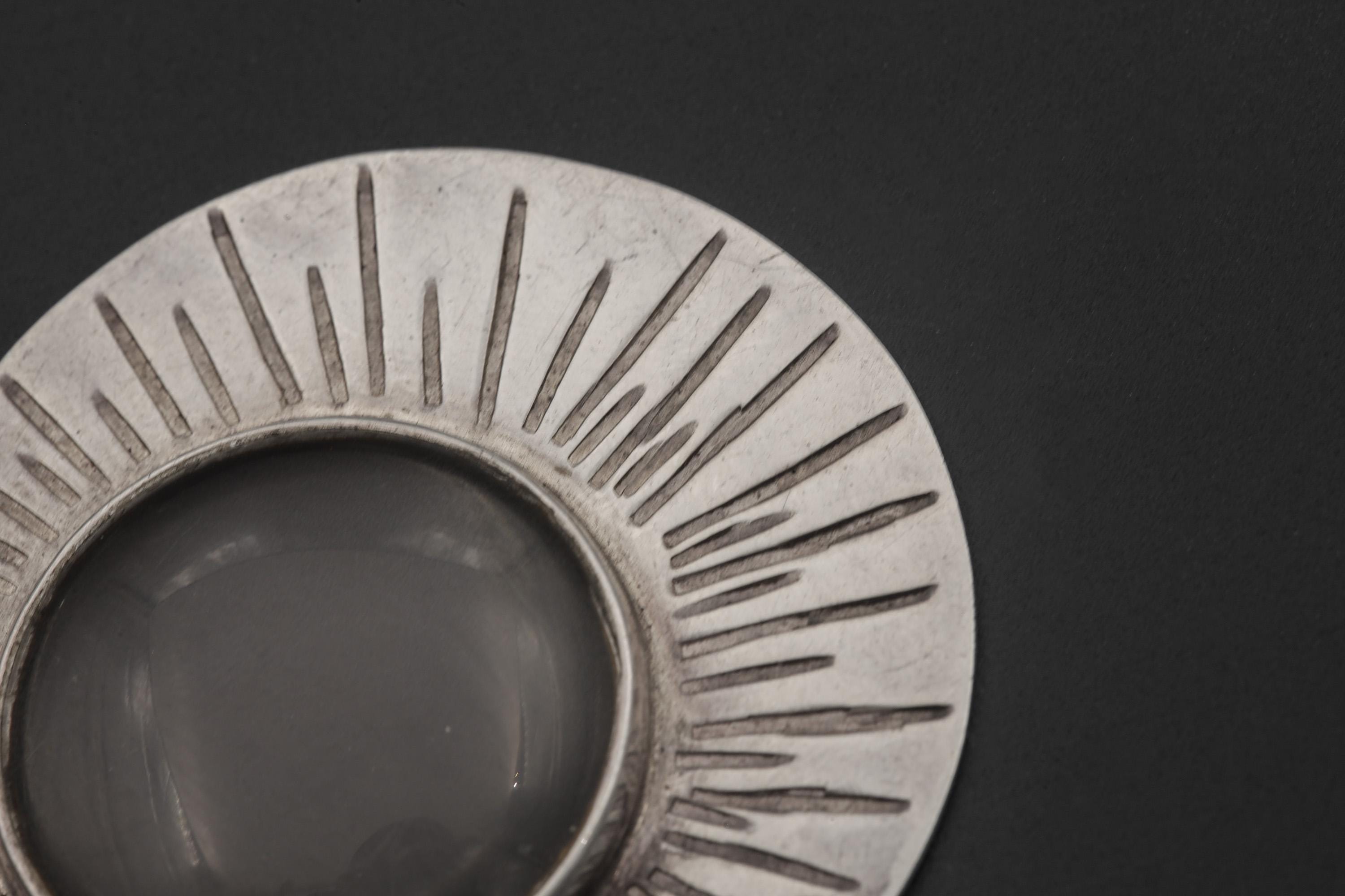 925 Silver Sun Motive Fire Starter Pendant, Functional 5x Magnifying Glass, Scratch Textured Oxidized Finish, Woven Chain, Solar Jewelry