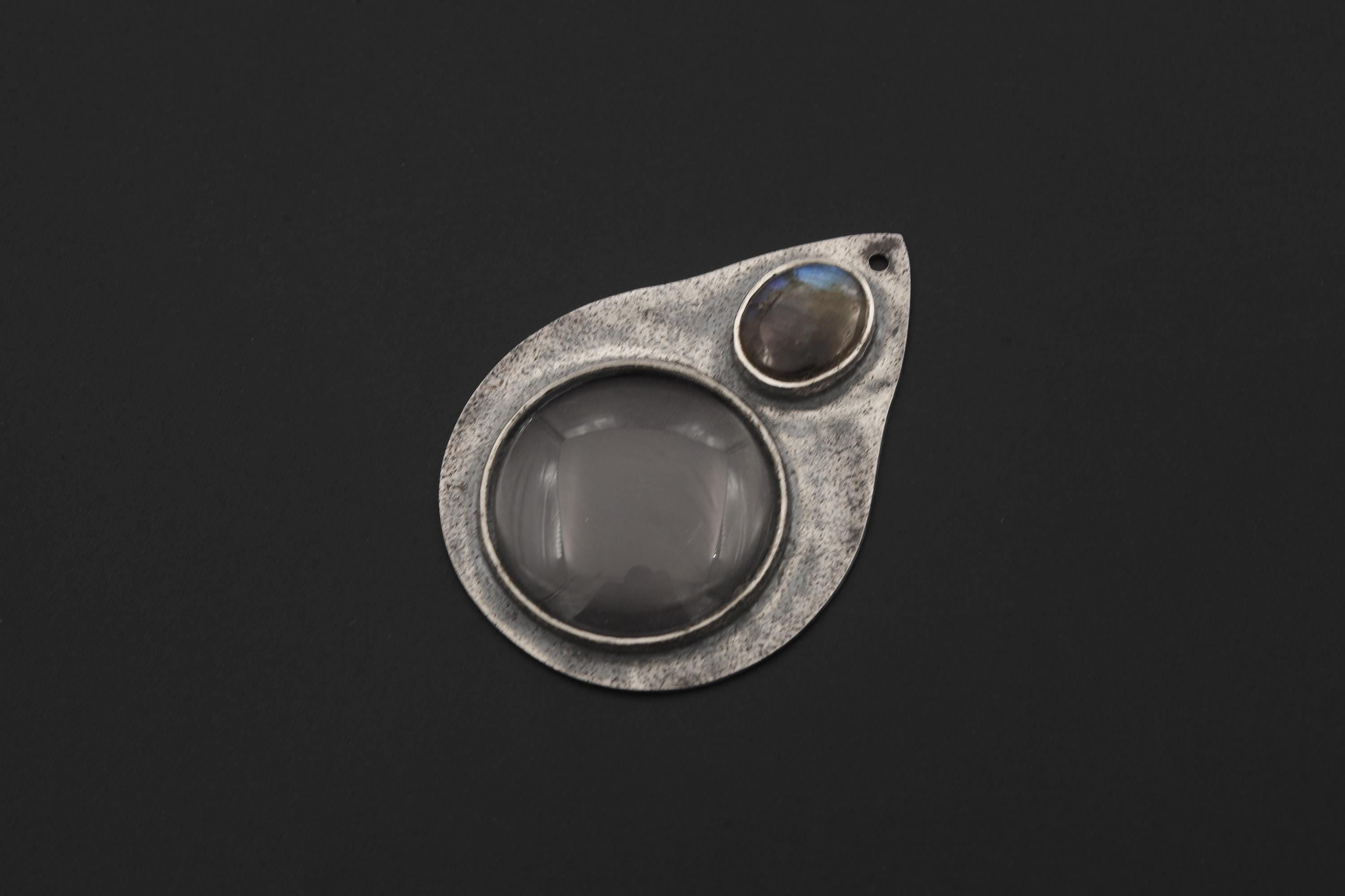 Labradorite Magnifying Glass Pendant 925 Silver Fire Starter Necklace 5x Lens Oxidized Hammered Talisman Gift