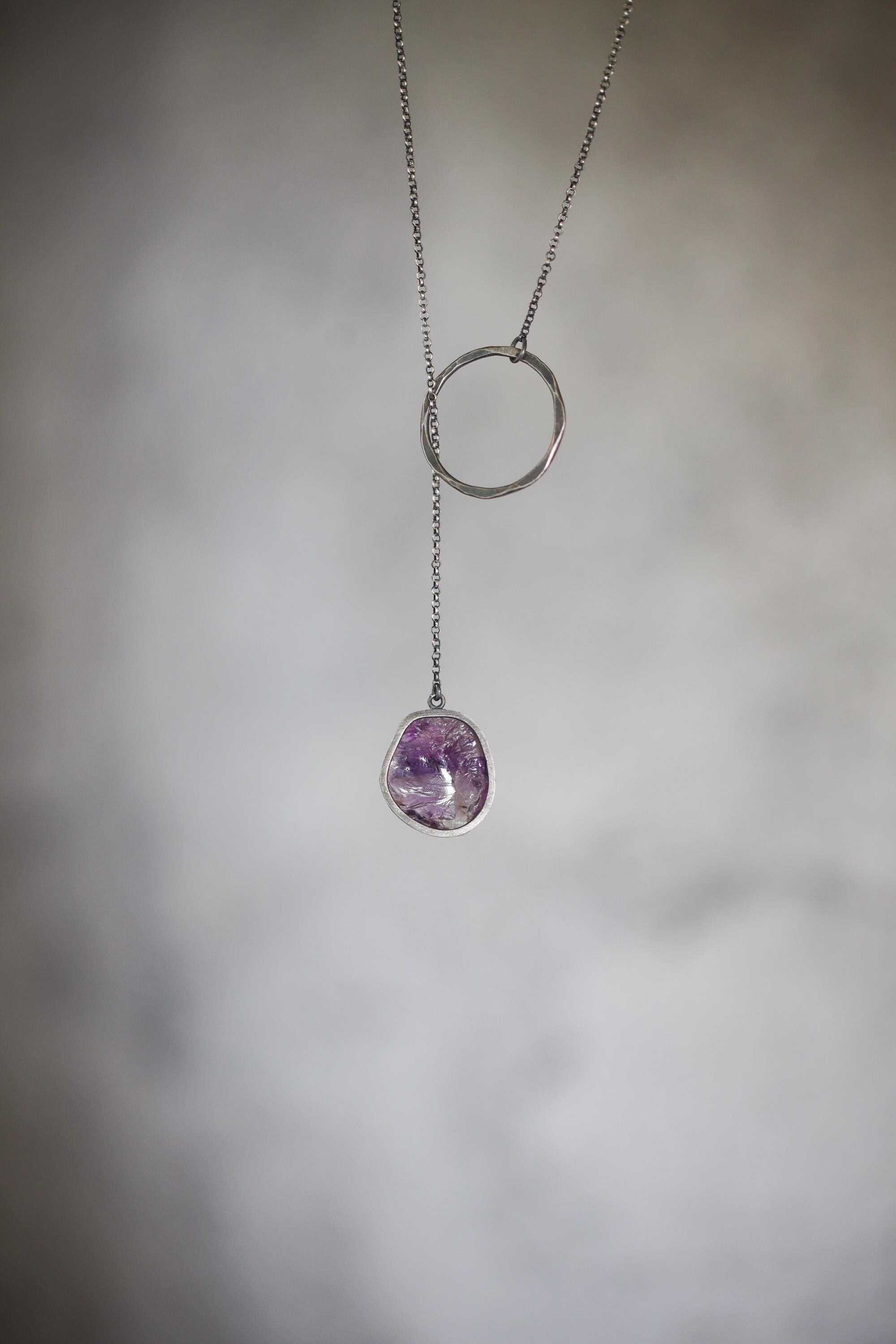 Amethyst Noose Necklace, 925 Oxidized Silver, Raw Crystal Pendant, Unique Loop Chain, Brushed Texture, Modern Spiritual Jewelry