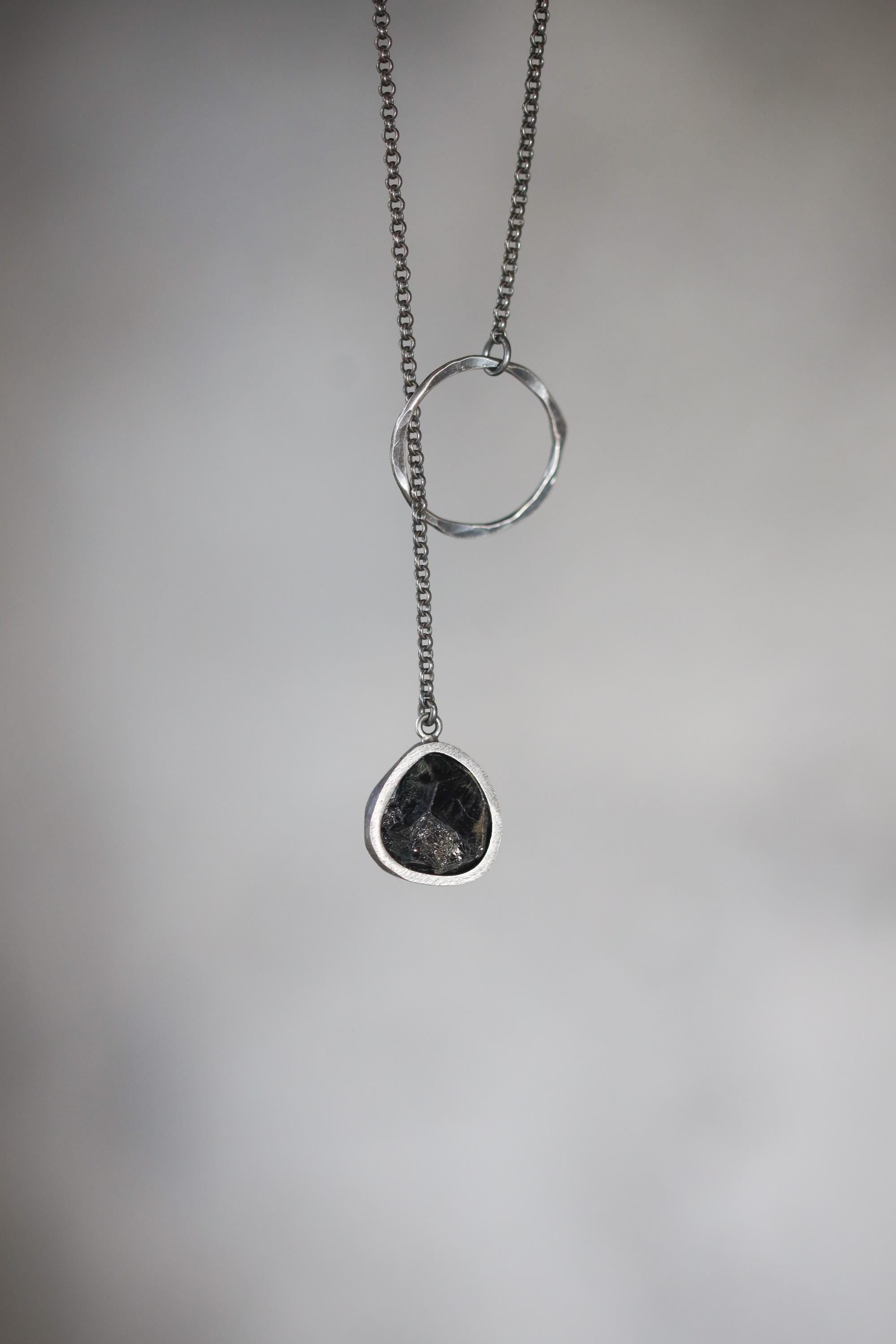 Black Tourmaline Noose Necklace, 925 Oxidized Silver, Raw Crystal Pendant, Adjustable Loop Chain, Brushed Finish, Grounding Amulet Jewelry