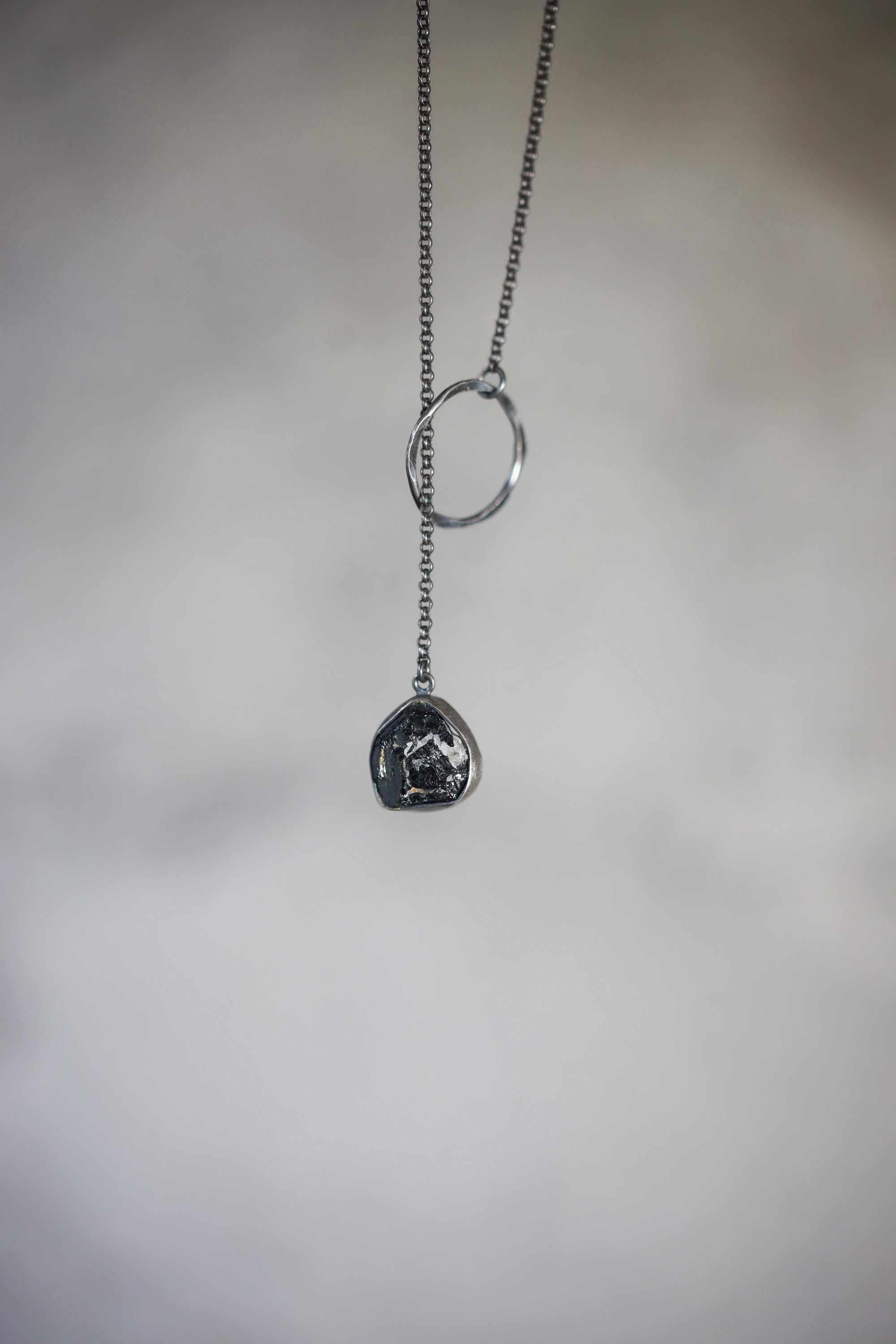 Raw Black Tourmaline Pendant Necklace, Oxidized 925 Silver, Adjustable Amulet