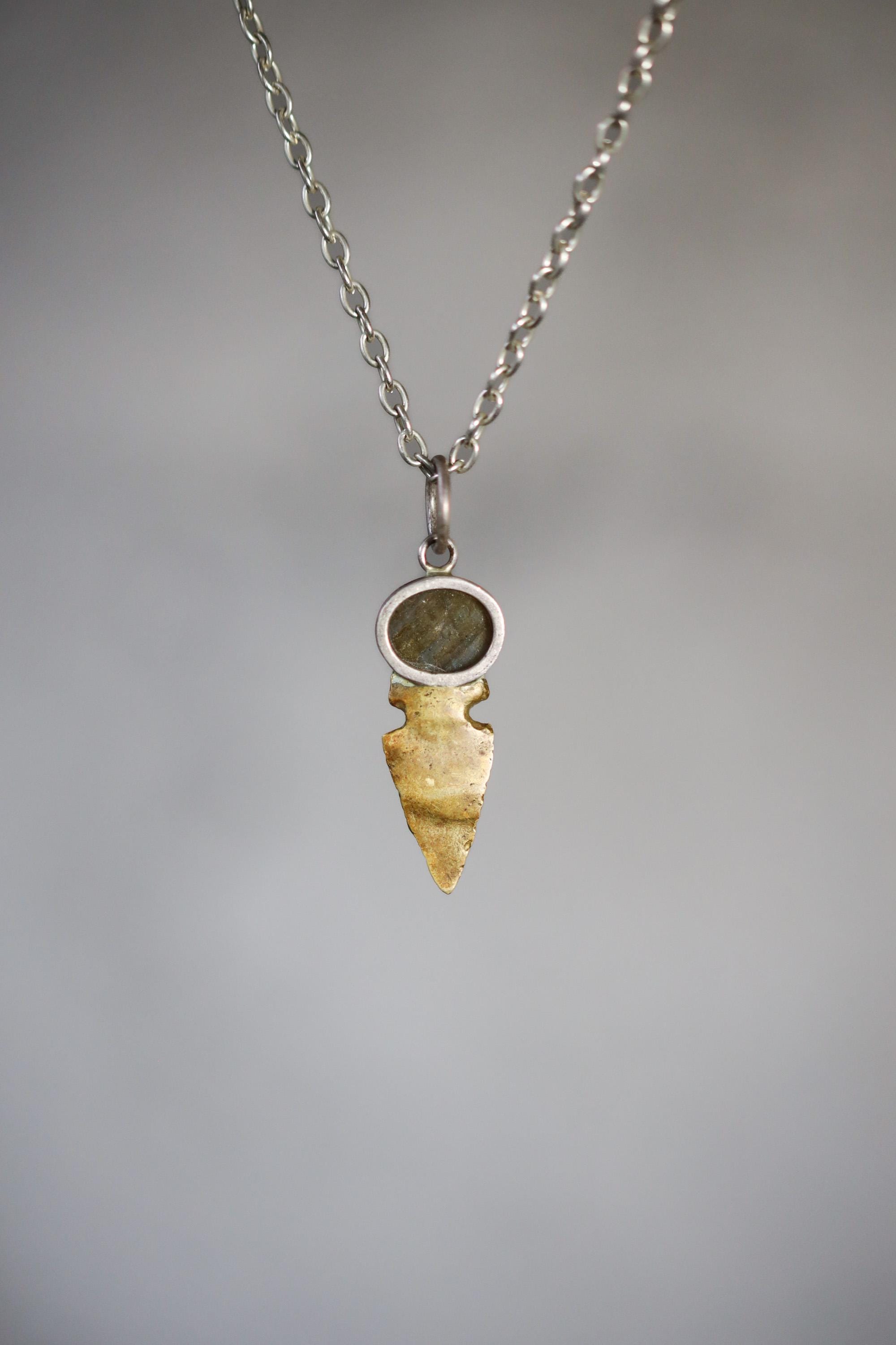 Labradorite Obsidian Pendant Sterling Silver Brass Spearhead Necklace Third Eye Root Chakra Talisman Gift