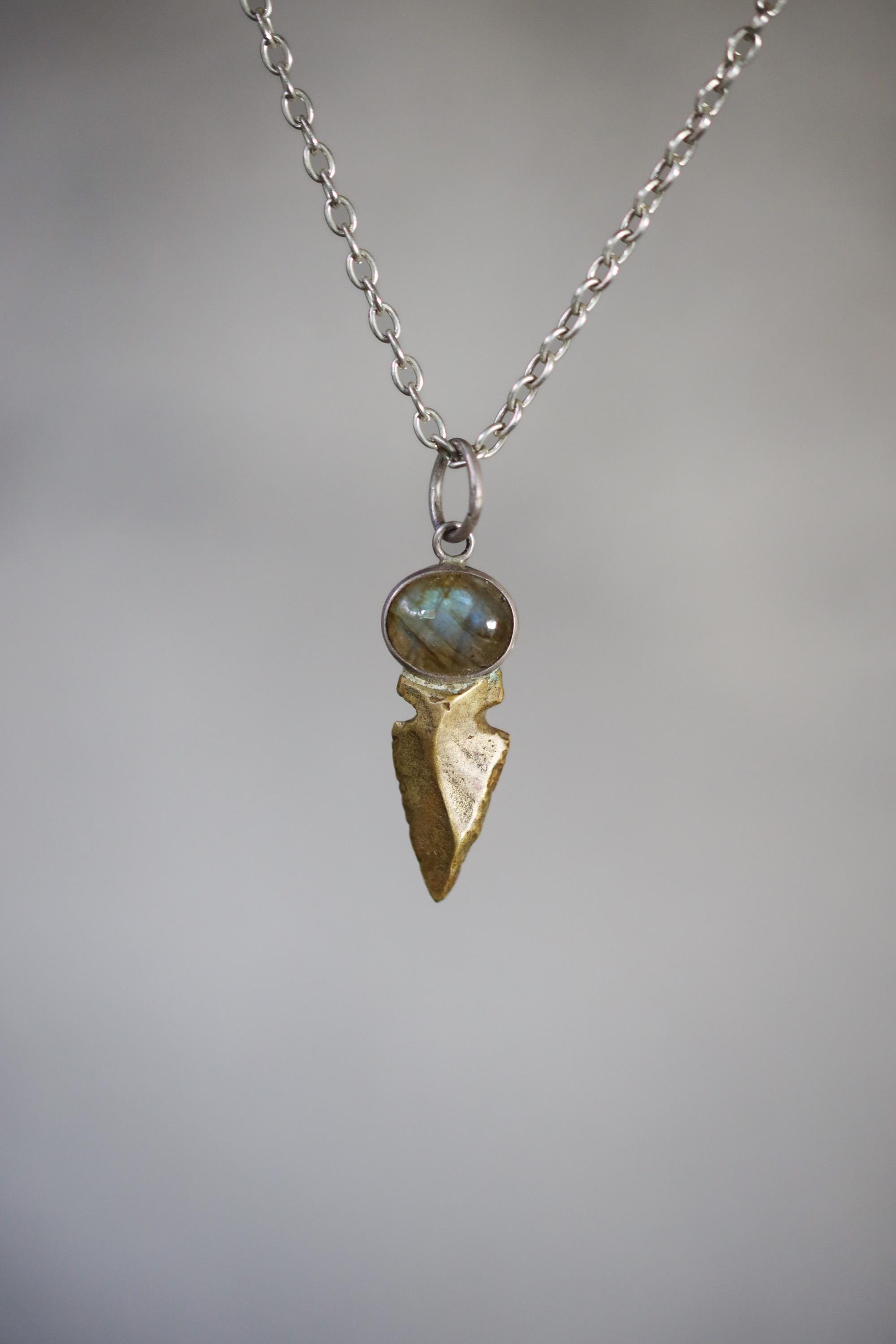 Labradorite Obsidian Pendant Sterling Silver Brass Spearhead Necklace Third Eye Root Chakra Talisman Gift