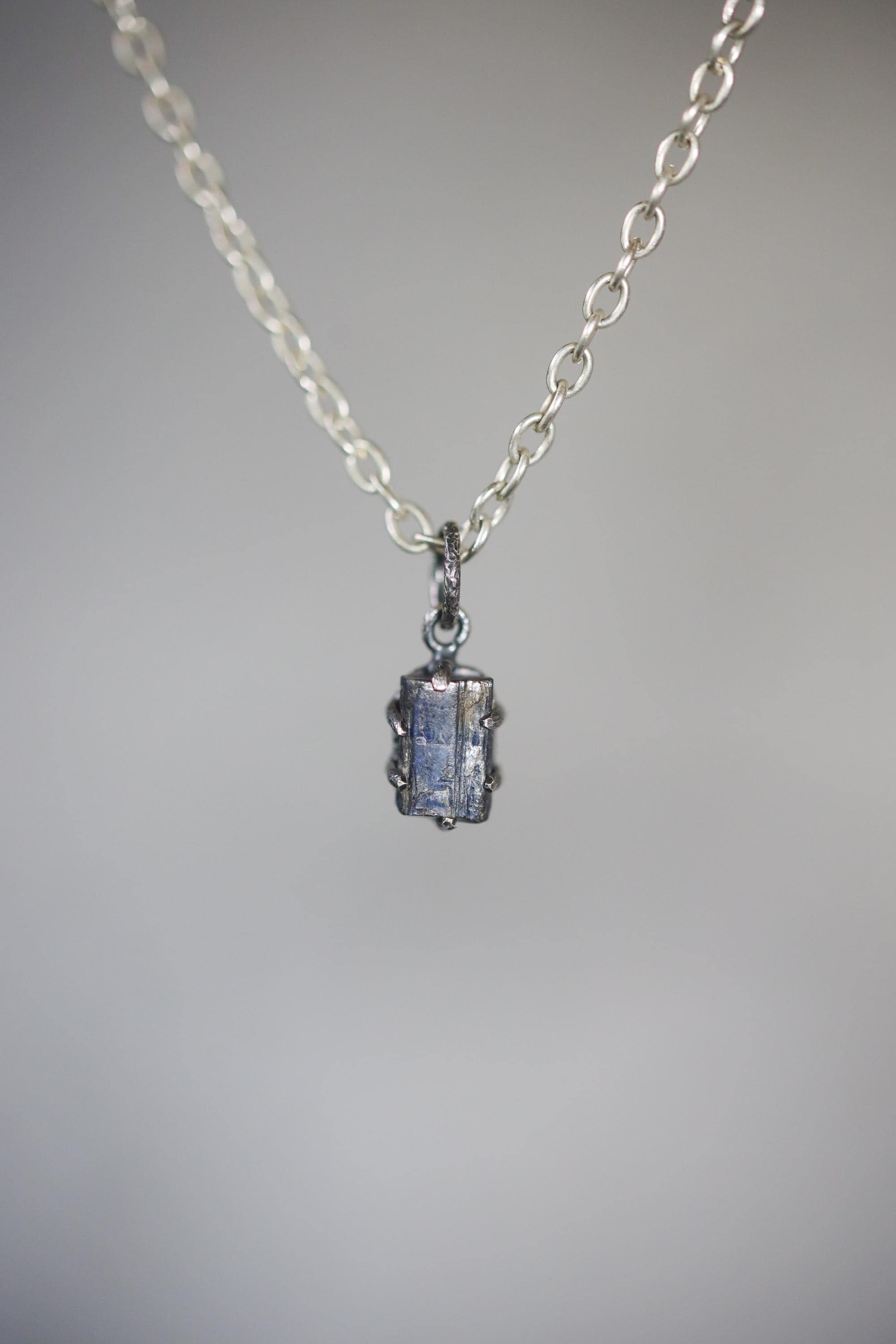 Ocean Kyanite Pendant, Hammered Sterling Silver, Boho Healing Crystal