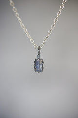 Ocean Kyanite Pendant, 925 Silver, Hammer Texture, Oxidized Finish, Claw Setting, Round Bail, Throat Chakra, Boho Healing Crystal Pendant