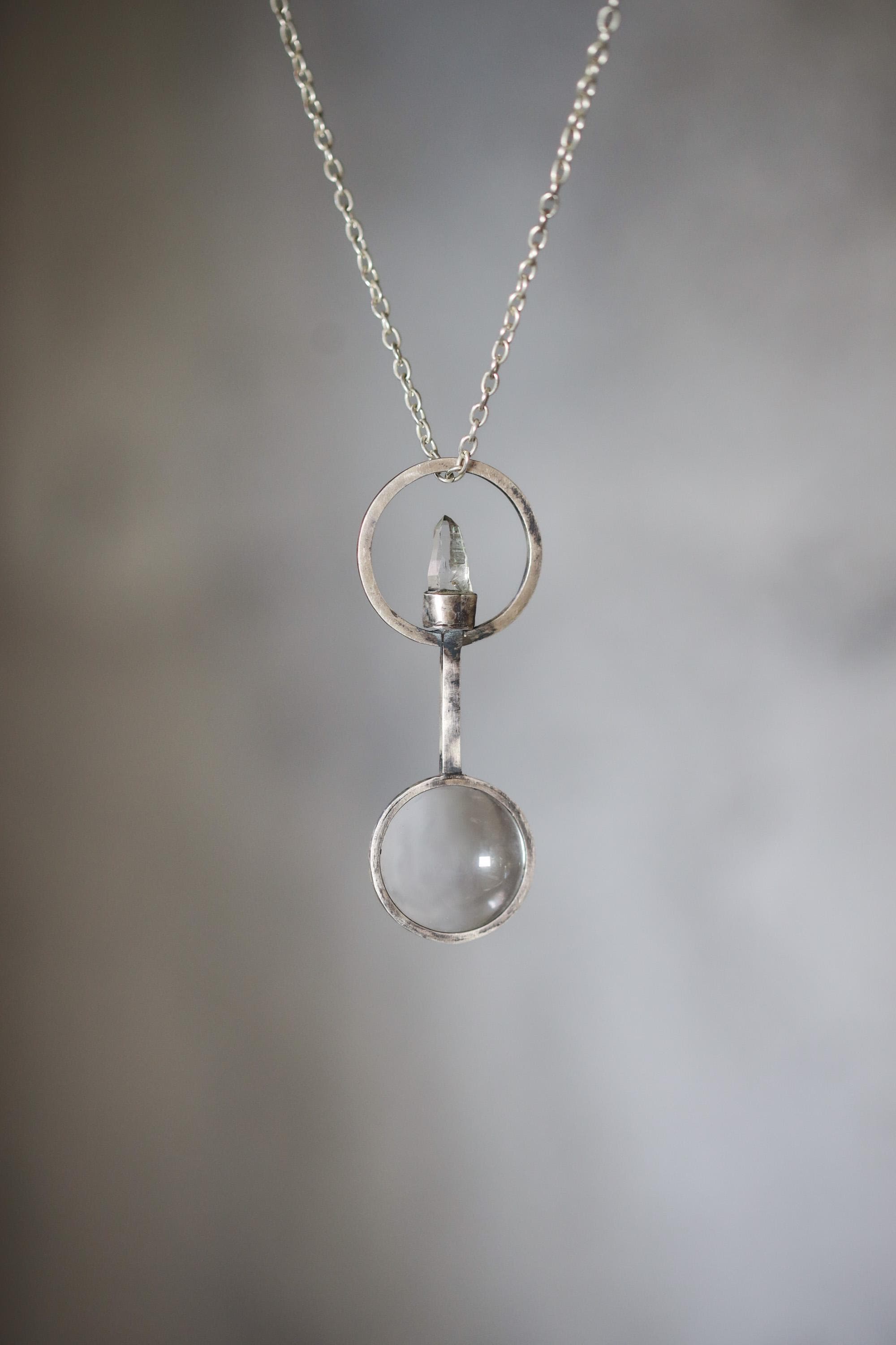 Himalayan Lemurian Laser Quartz Pendant, 925 Silver Functional Jewelry, 5x Magnifying Glass Fire Starter, Hammered Oxidized Silver