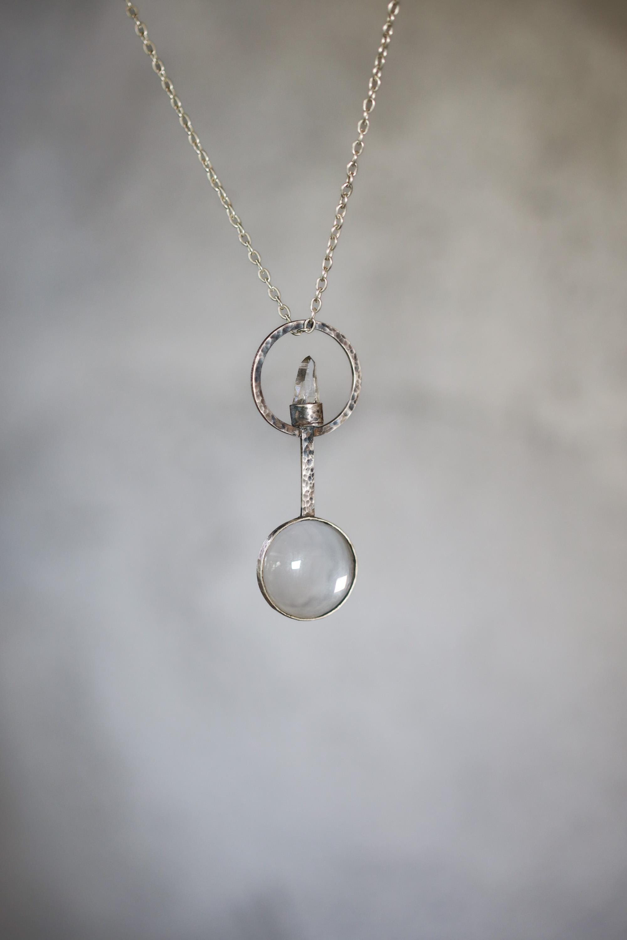 Himalayan Lemurian Laser Quartz Pendant, 925 Silver Functional Jewelry, 5x Magnifying Glass Fire Starter, Hammered Oxidized Silver