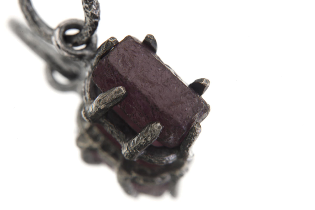 High Grade 6 Sided Natural Gem Ruby (corundum) Wand Pendant, Sterling Silver Hammered Textured & Oxidized July Birthstone Handmade Jewelry