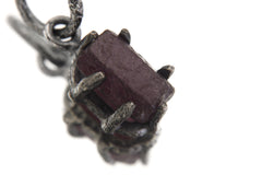 High Grade 6 Sided Natural Gem Ruby (corundum) Wand Pendant, Sterling Silver Hammered Textured & Oxidized July Birthstone Handmade Jewelry