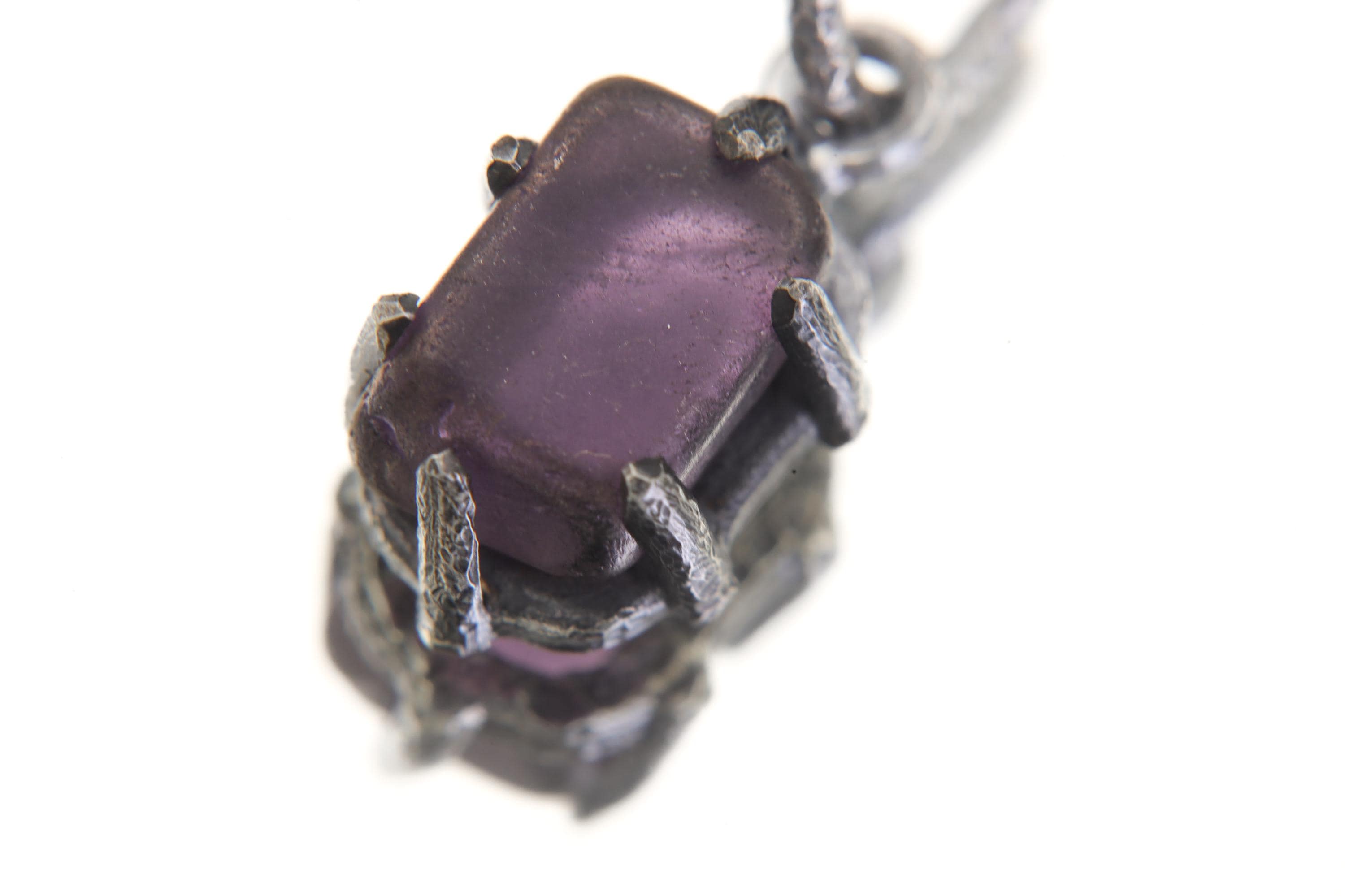 Semi Polished Facet Grade Natural Amethyst Cube Pendant, Sterling Silver Claw Frame, Hammer Textured Oxidized Healing Crystal Jewelry Gift
