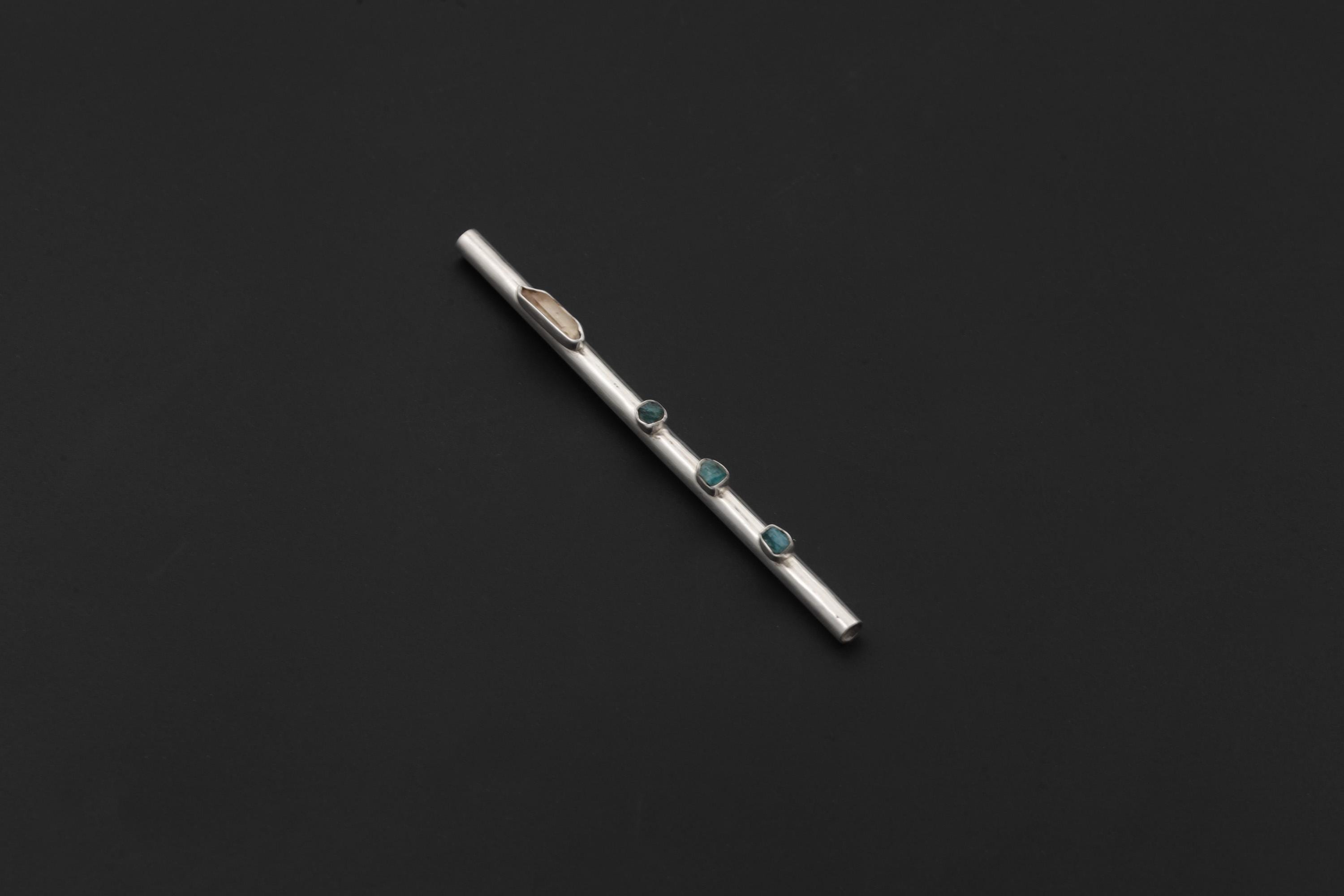 Sterling Silver Tiny Tube Straw with Quartz and Blue Apatite, Functional Straw High Shine Finish Artisan Silverwork Healing Crystal Tool