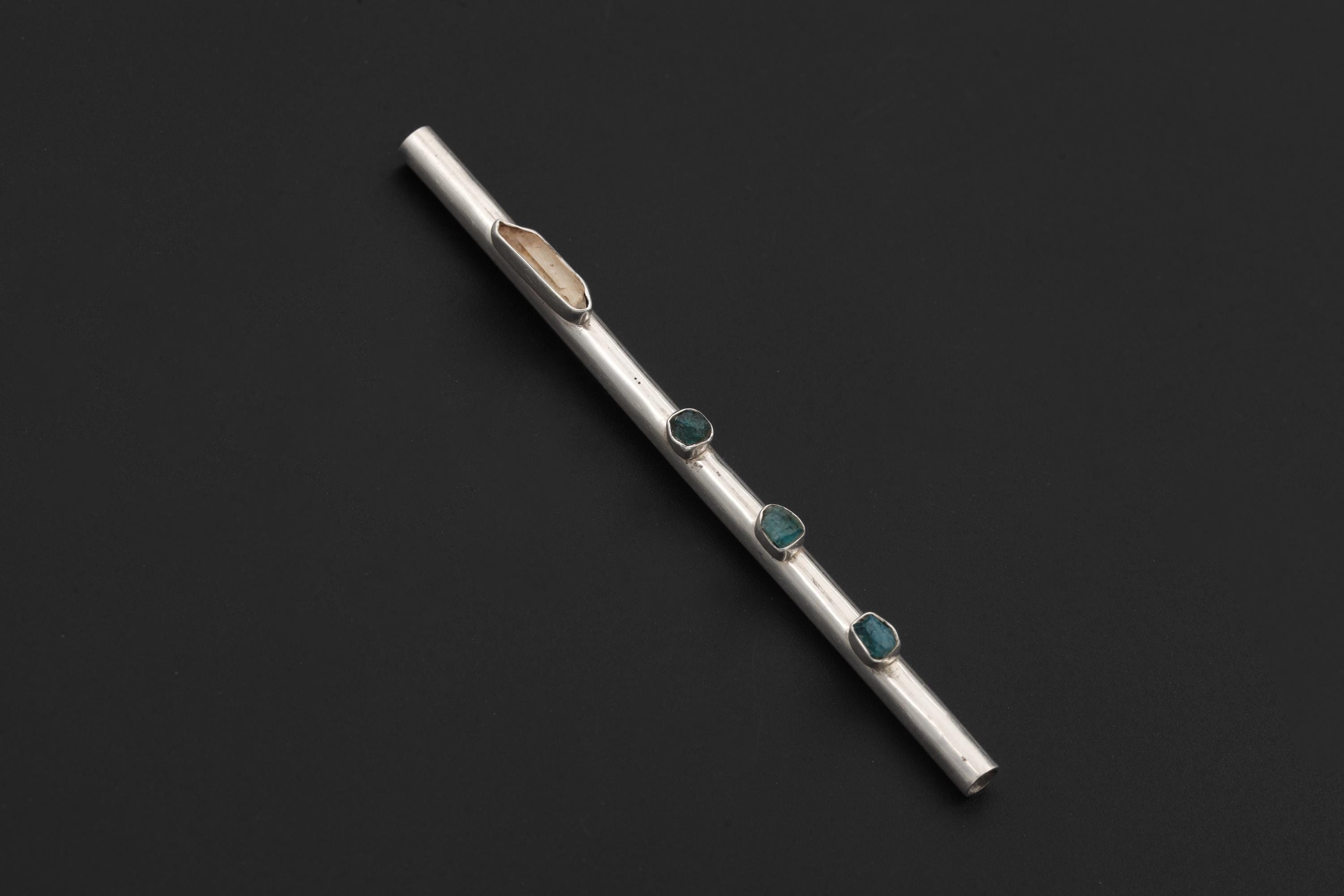 Sterling Silver Tiny Tube Straw with Quartz and Blue Apatite, Functional Straw High Shine Finish Artisan Silverwork Healing Crystal Tool