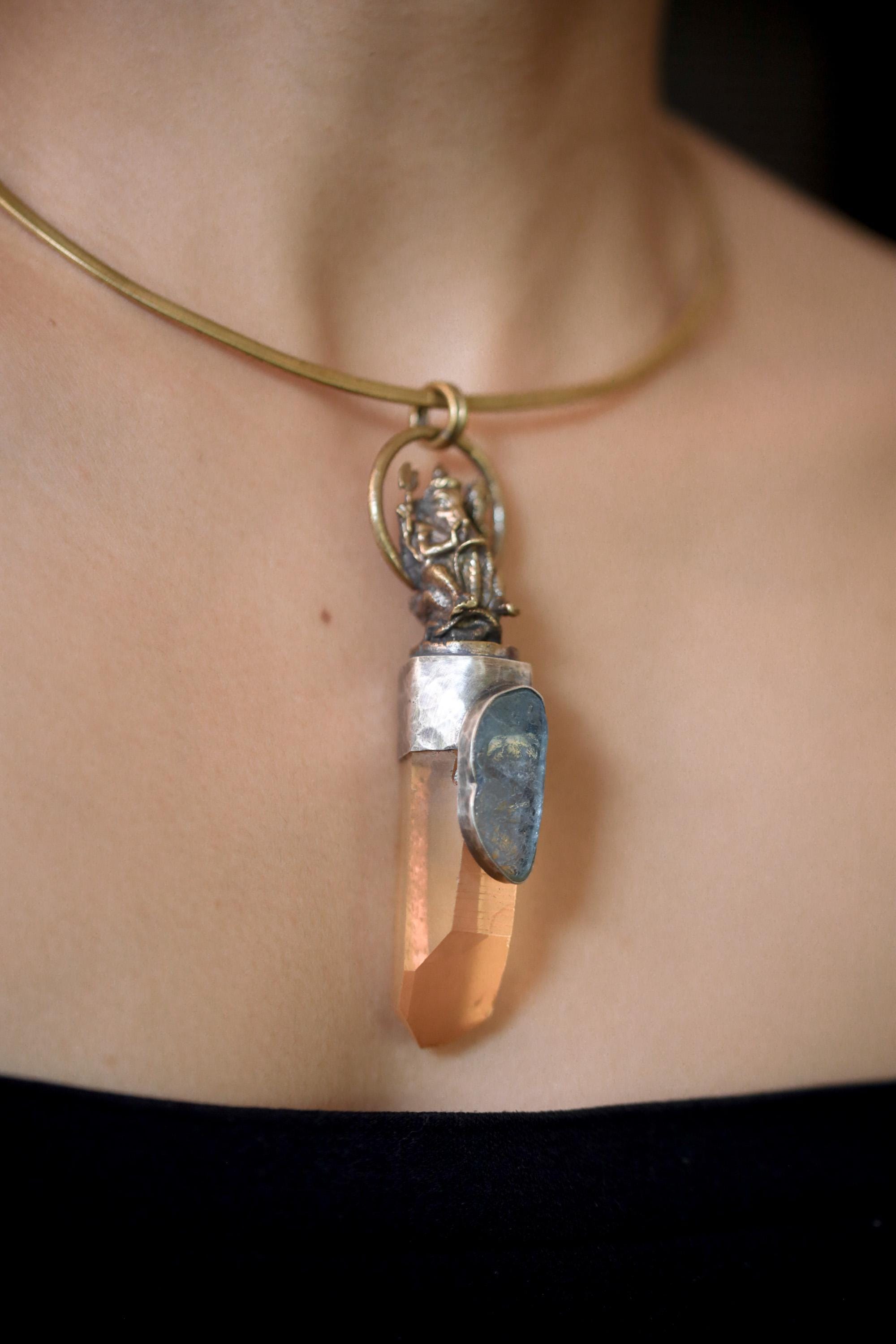 Lemurian Quartz Pendant Ganesha Brass 925 Silver Aquamarine Cabochon Oxidized Hammered Spiritual Jewelry