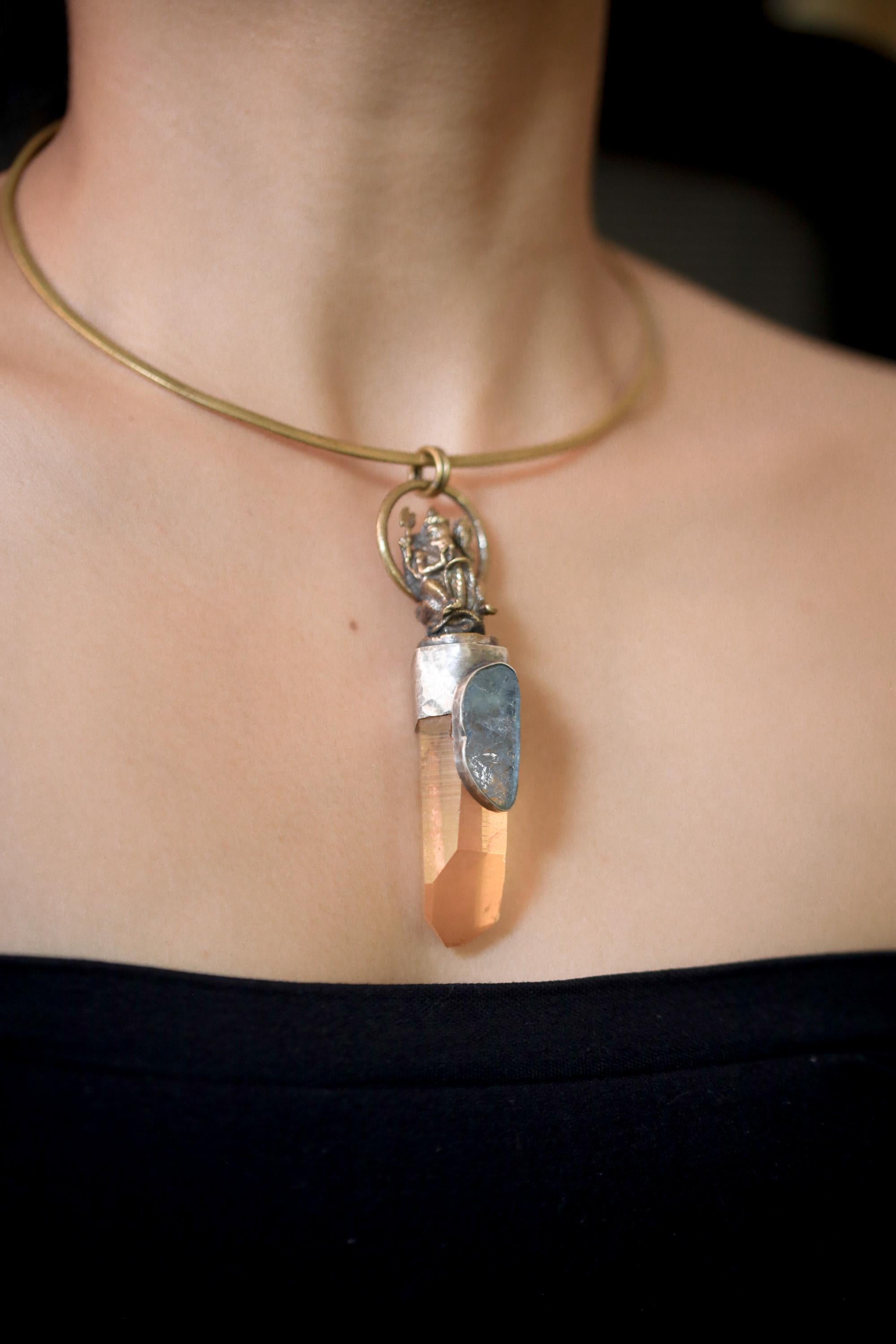 Lemurian Quartz Pendant Ganesha Brass 925 Silver Aquamarine Cabochon Oxidized Hammered Spiritual Jewelry