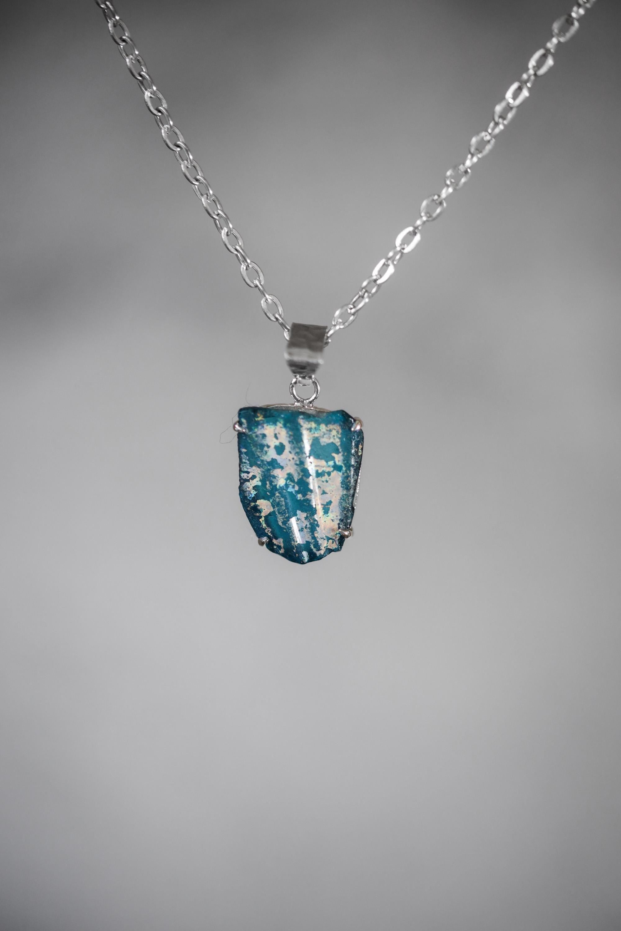 Afghani Opalized Glass Pendant Sterling Silver Raw Iridescent Ancient Relic Necklace Claw Set Jewelry Gift