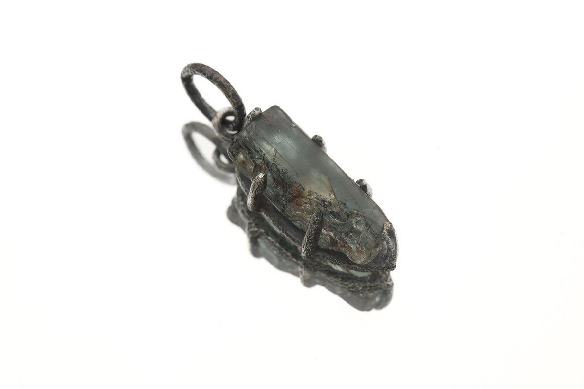 Raw Blue Tourmaline Pendant Sterling Silver Claw Setting Hammered Oxidized Frame High Grade Crystal Talisman Throat Chakra Jewelry