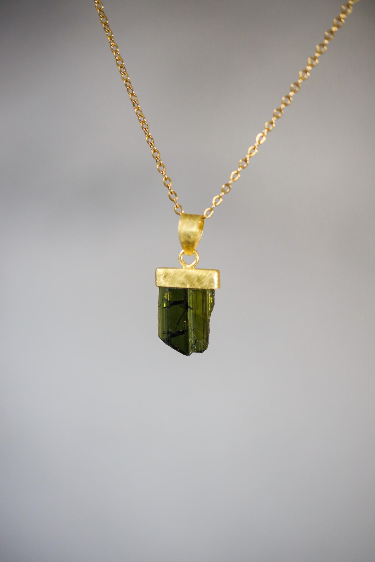 Raw Green Tourmaline Pendant, 925 Silver, 18K Gold Plated, Triangular Bail, Brushed Texture Finish, Heart Chakra Crystal Jewelry