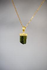 Raw Green Tourmaline Pendant, 925 Silver, 18K Gold Plated, Triangular Bail, Brushed Texture Finish, Heart Chakra Crystal Jewelry