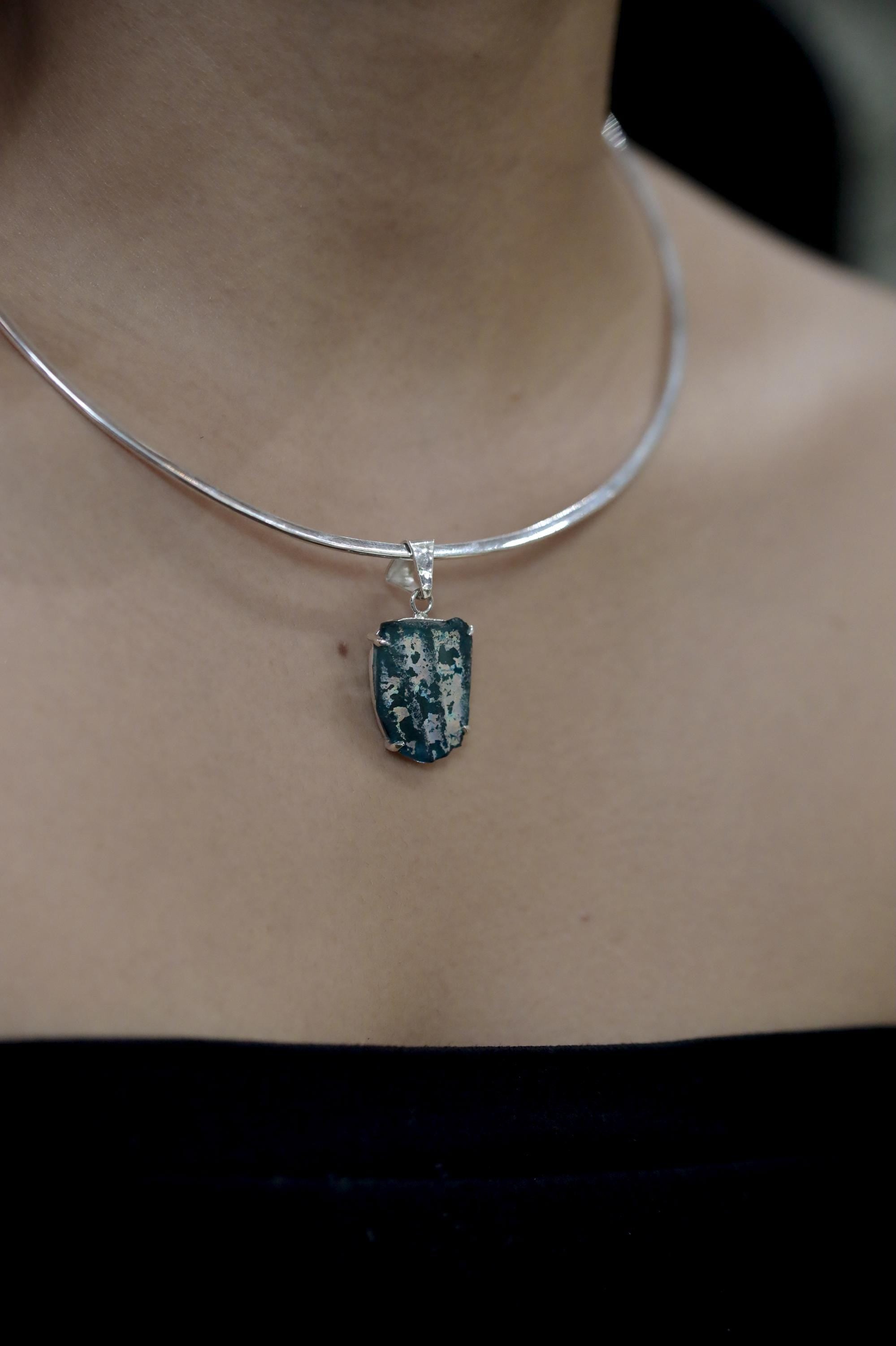 Afghani Opalized Glass Pendant Sterling Silver Raw Iridescent Ancient Relic Necklace Claw Set Jewelry Gift