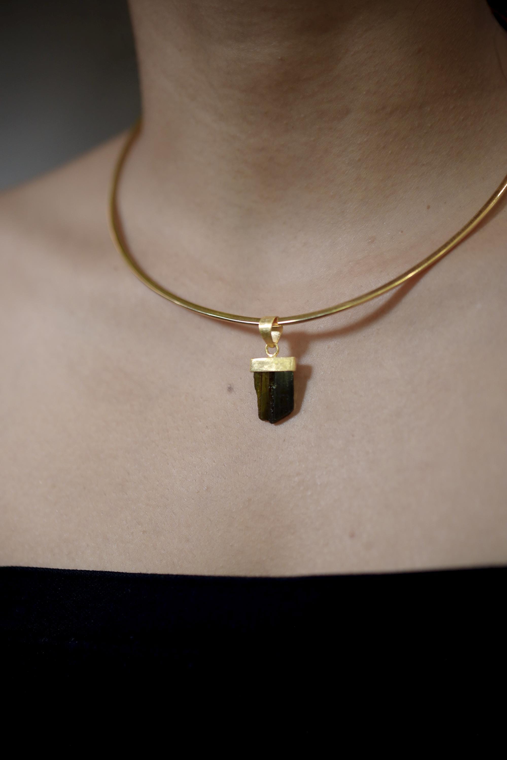 Raw Green Tourmaline Pendant, 925 Silver, 18K Gold Plated, Triangular Bail, Brushed Texture Finish, Heart Chakra Crystal Jewelry