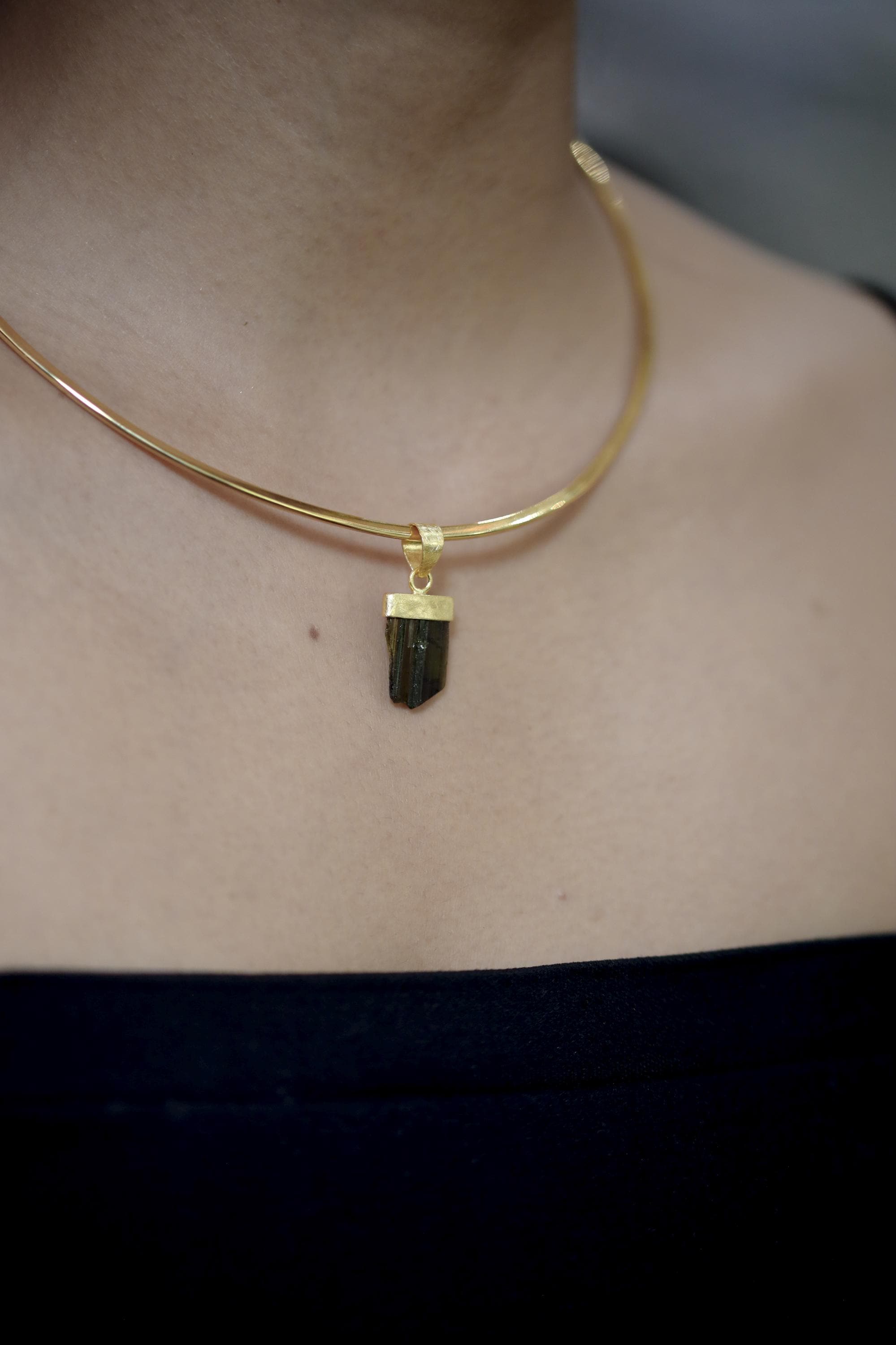 Raw Green Tourmaline Pendant, 925 Silver, 18K Gold Plated, Triangular Bail, Brushed Texture Finish, Heart Chakra Crystal Jewelry