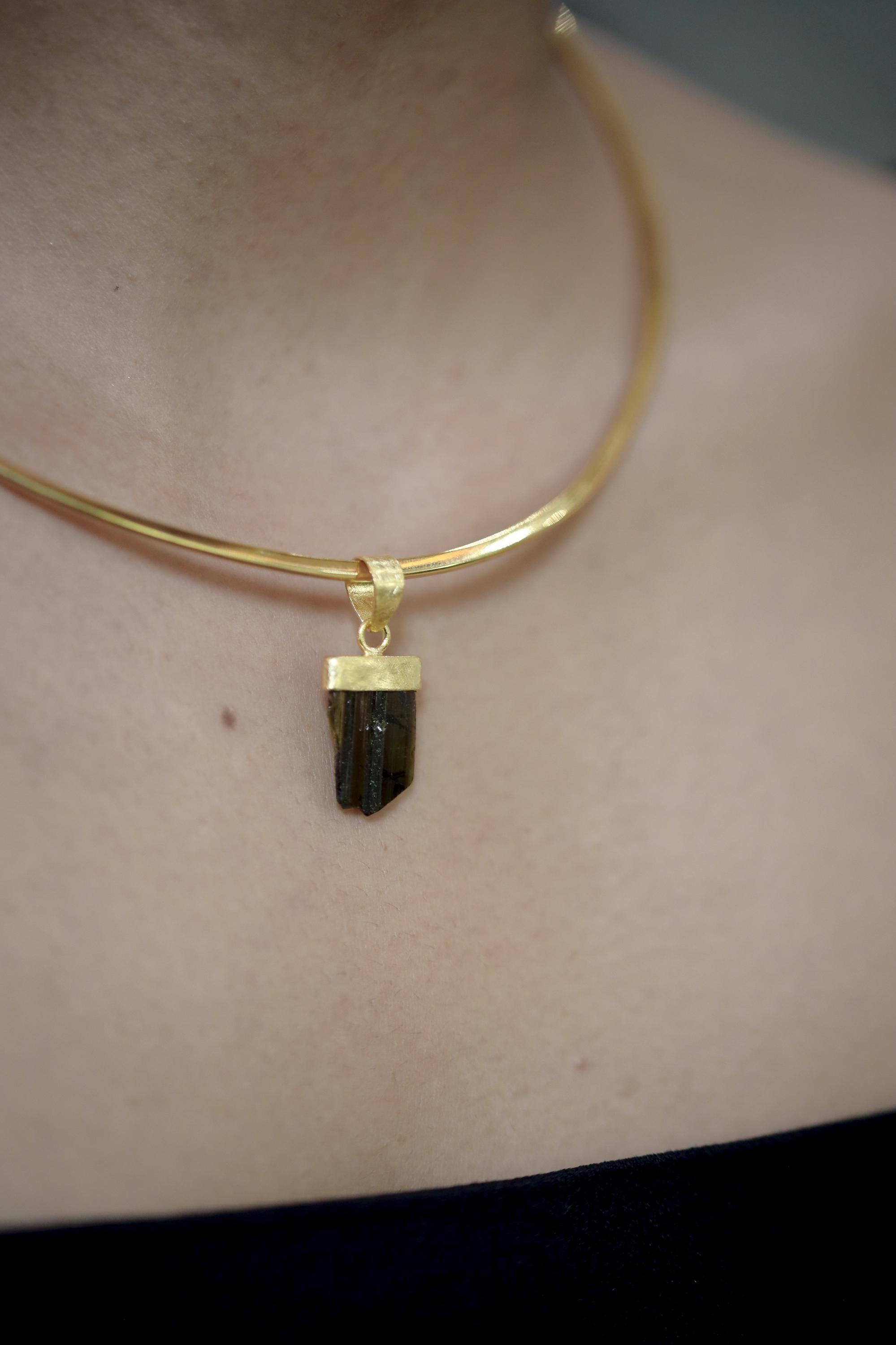 Raw Green Tourmaline Pendant, 925 Silver, 18K Gold Plated, Triangular Bail, Brushed Texture Finish, Heart Chakra Crystal Jewelry