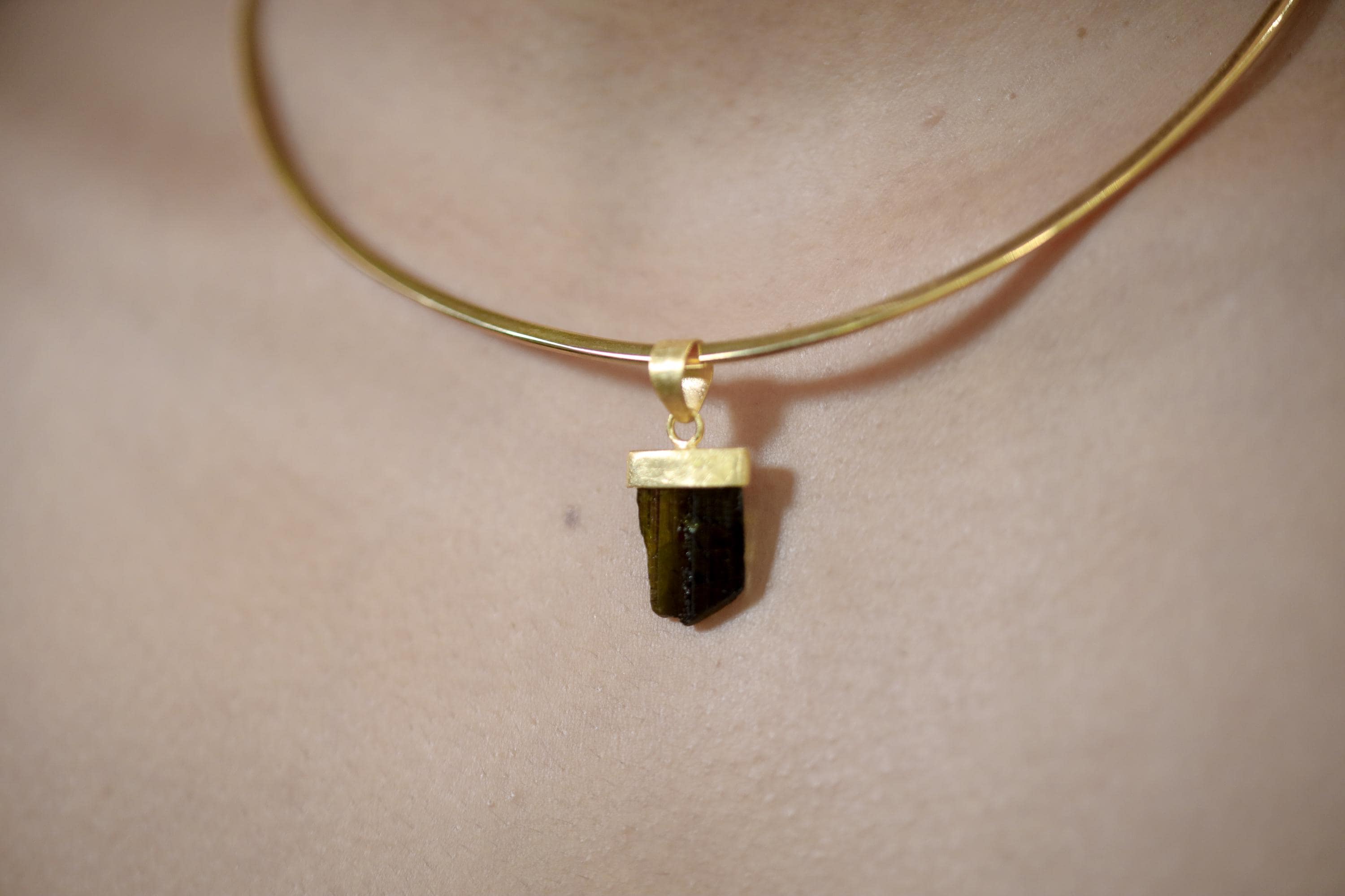 Raw Green Tourmaline Pendant, 18K Gold Plated Silver, Heart Chakra Jewelry