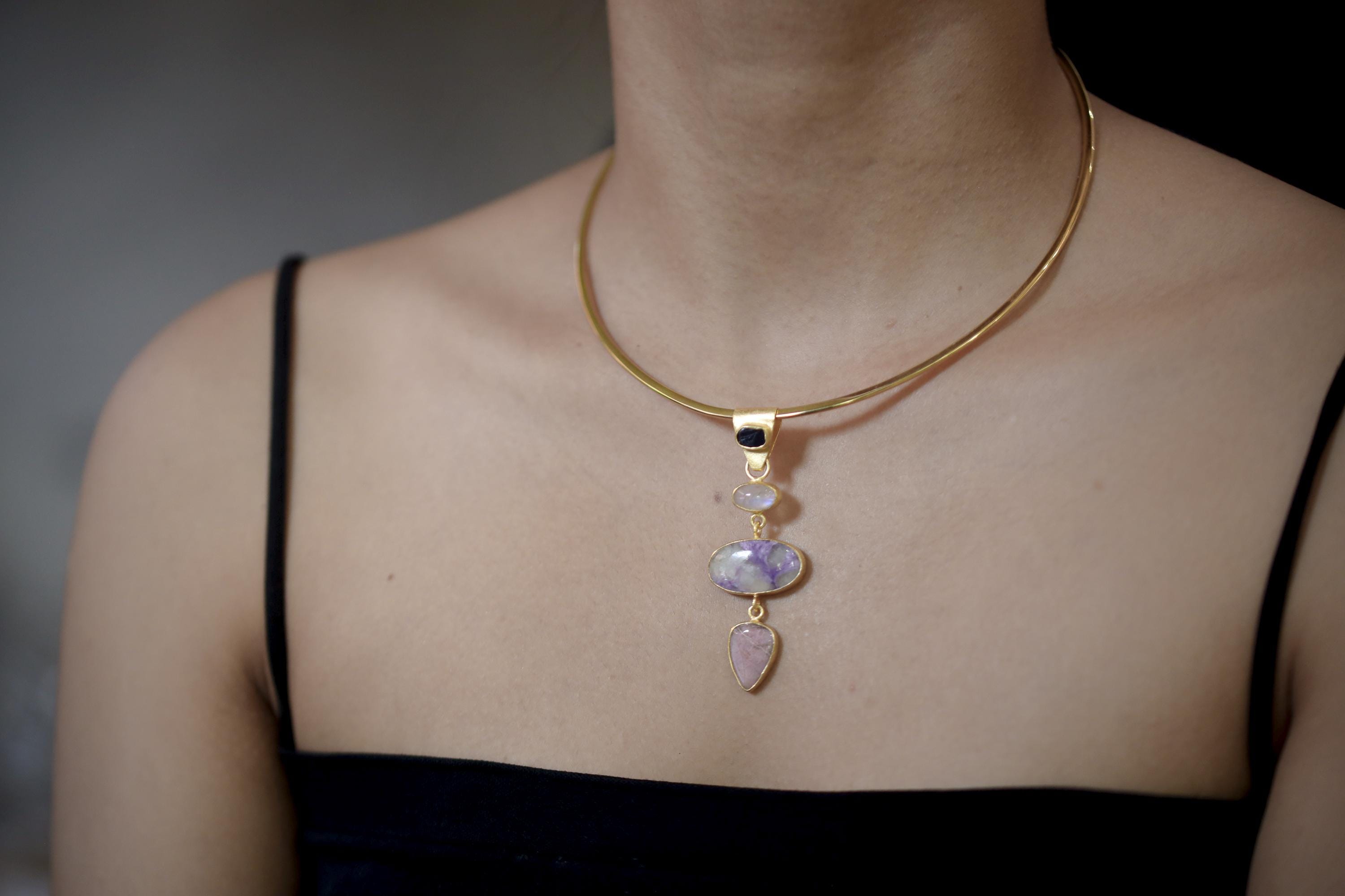 Sapphire Moonstone Charoite Rhodochrosite Pendant 18K Gold Plated 3 Micron, 925 Silver, Spiritual Jewelry, Heart & Crown Chakra Energy