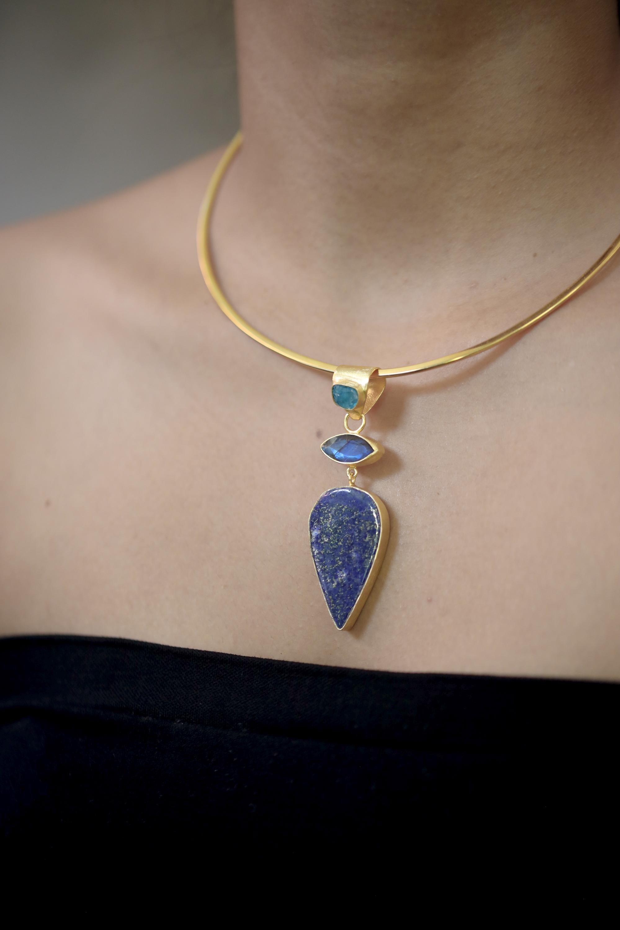 Apatite Labradorite Lapis Lazuli Pendant 18K Gold Plated 925 Silver, Brushed Textured Statement Crystal Jewelry, Blue Chakra Healing Gift