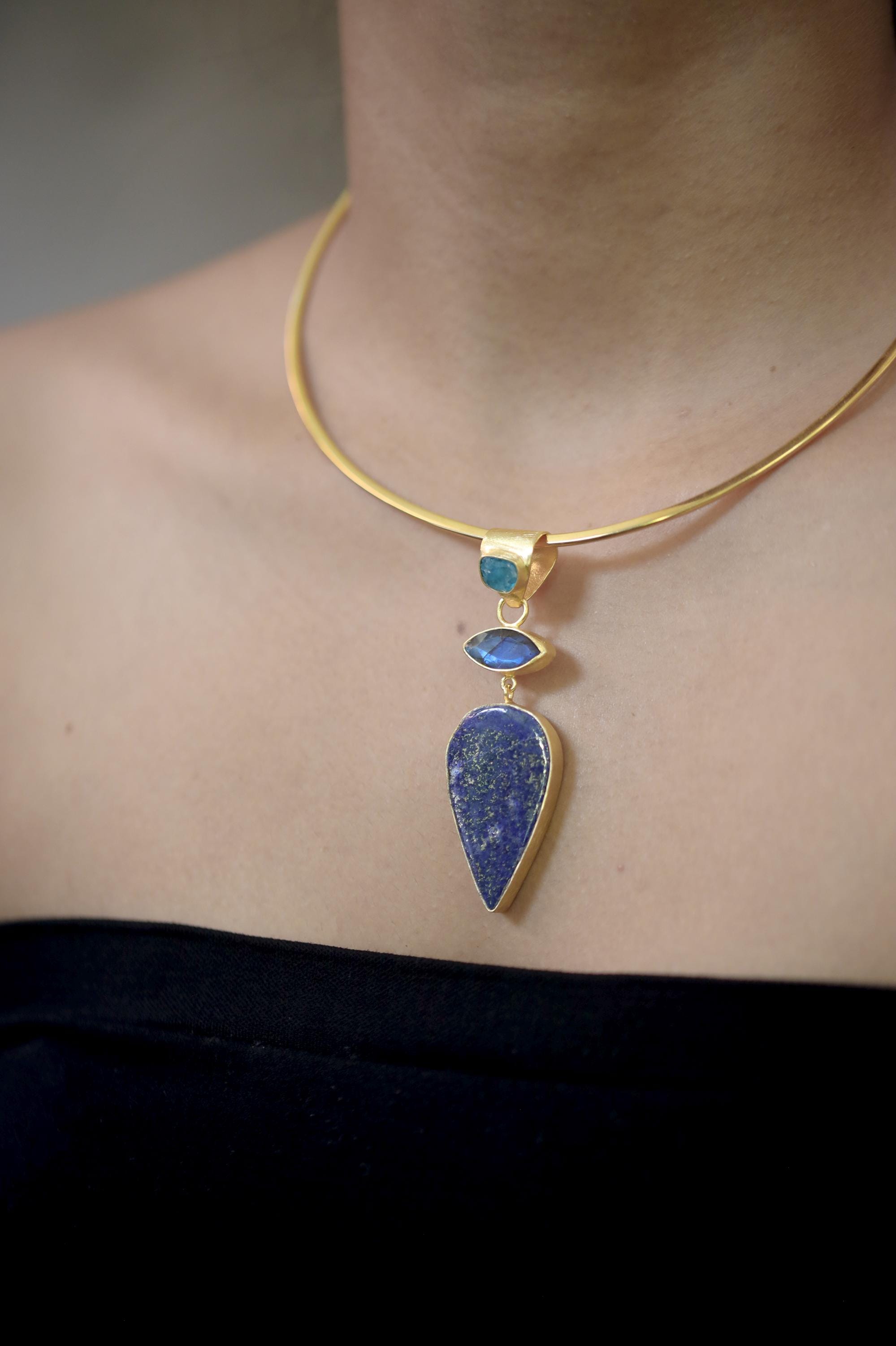 Lapis Lazuli Apatite Labradorite Pendant 925 Silver Gold Plated Brushed Texture Blue Gemstone Jewelry