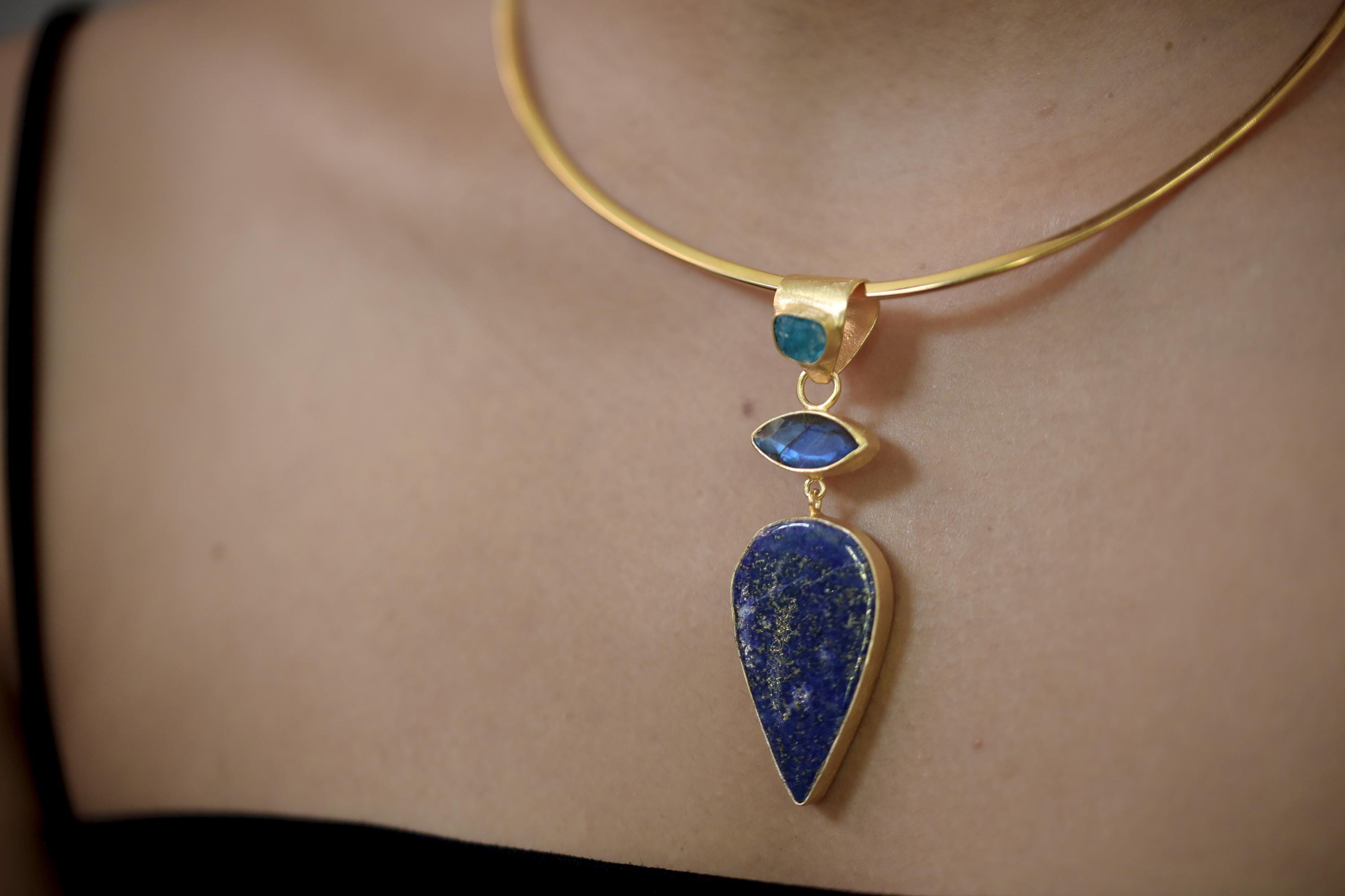 Apatite Labradorite Lapis Lazuli Pendant 18K Gold Plated 925 Silver, Brushed Textured Statement Crystal Jewelry, Blue Chakra Healing Gift