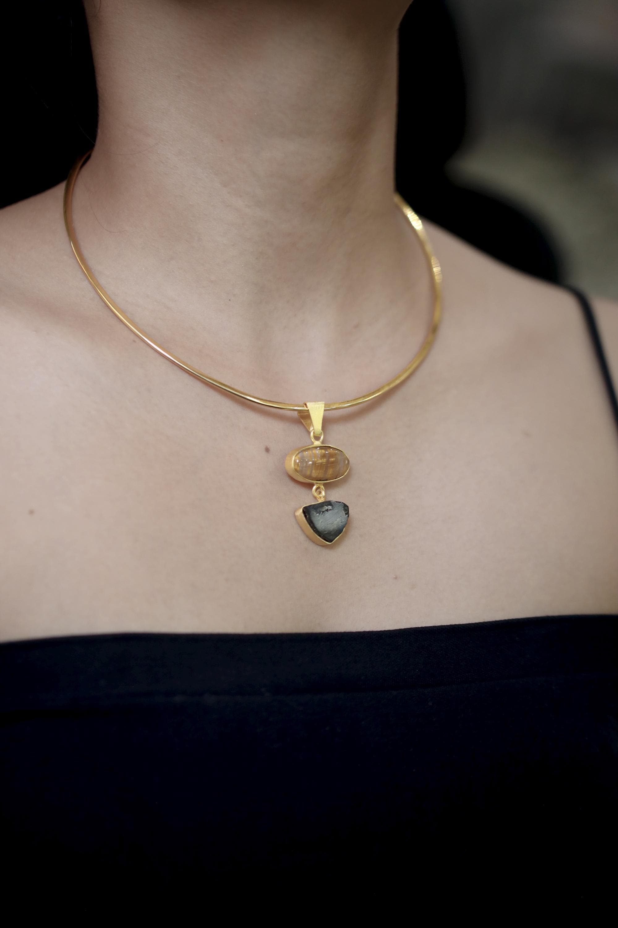 Golden Rutile & Dravite Brown Tourmaline Pendant, 18K Gold Plated 925 Silver, Brushed Textured Talisman, Chakra Energy, Handmade Jewelry